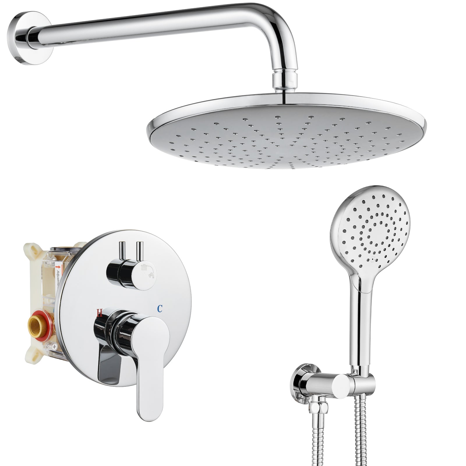 Heyalan Wall Mounted Shower Faucet Set for Bathroom with Pressure Balance Valve 10 Inch Rainfall Shower head and ABS Round Shower Wand with Single function Handheld Spray Without Tub Spout