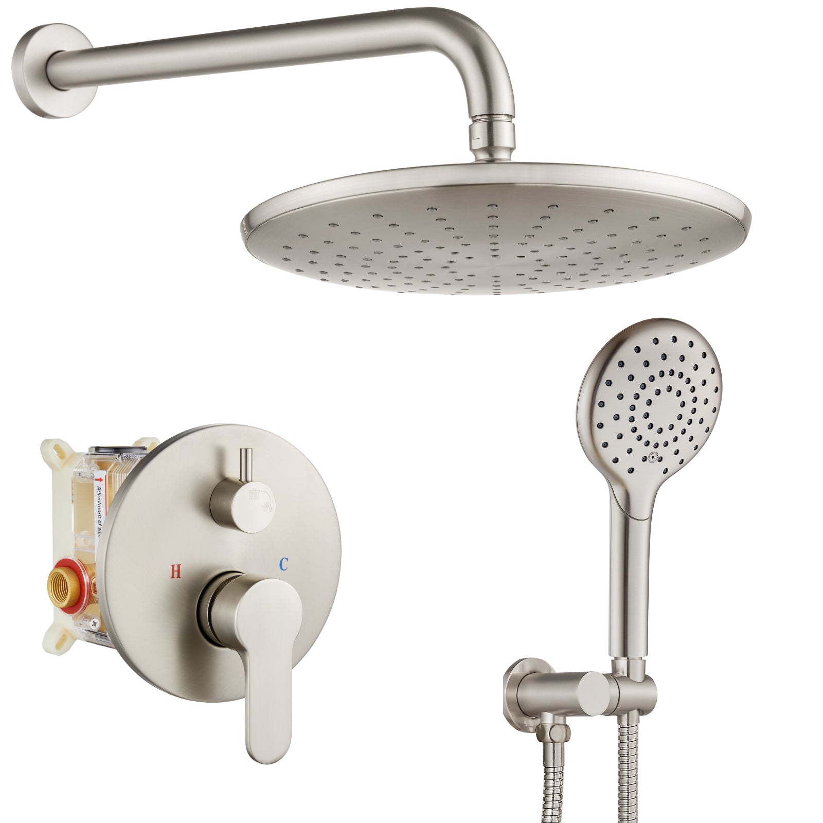 Heyalan Wall Mounted Shower Faucet Set for Bathroom with Pressure Balance Valve 10 Inch Rainfall Shower head and ABS Round Shower Wand with Single function Handheld Spray Without Tub Spout