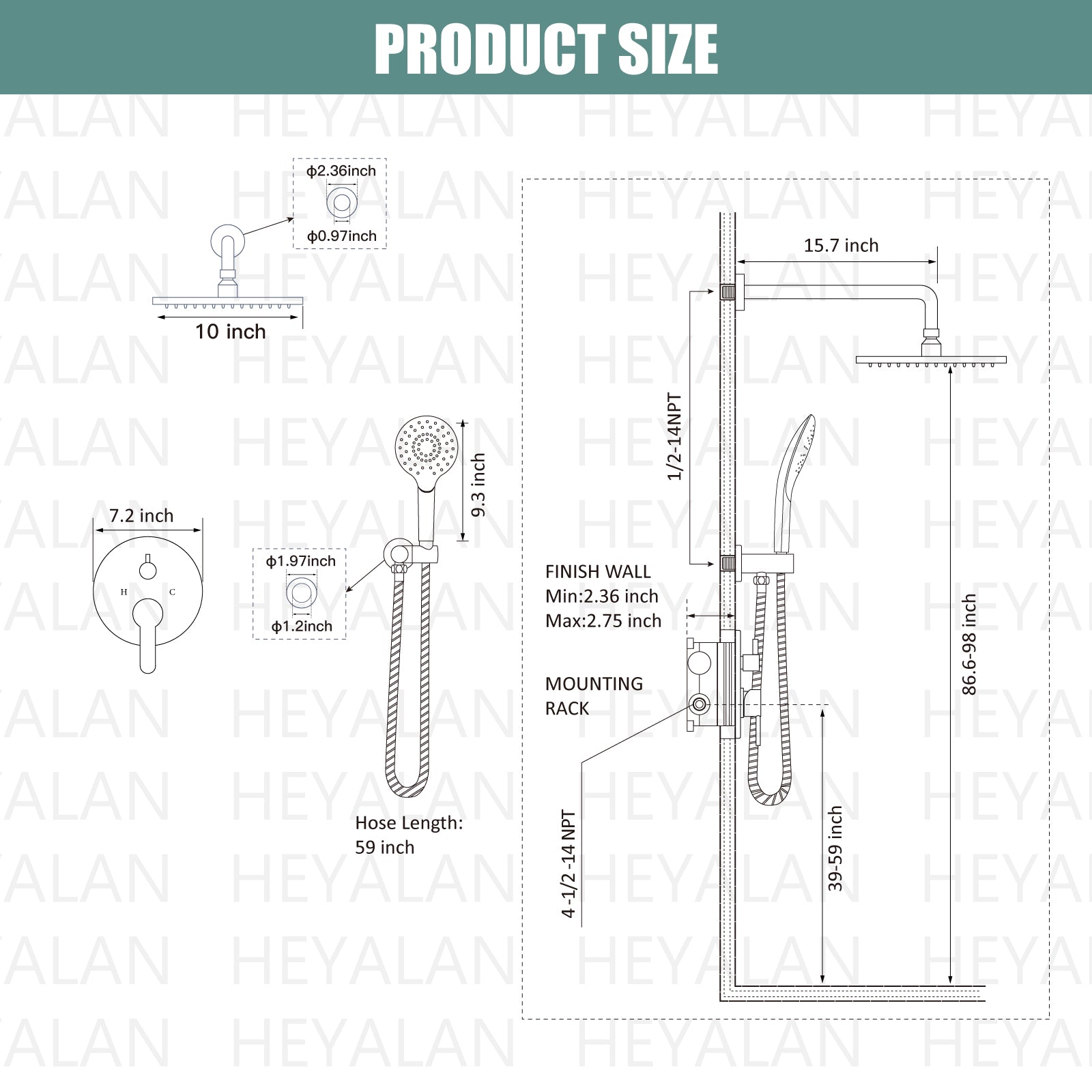 Heyalan Wall Mounted Shower Faucet Set for Bathroom with Pressure Balance Valve 10 Inch Rainfall Shower head and ABS Round Shower Wand with Single function Handheld Spray Without Tub Spout