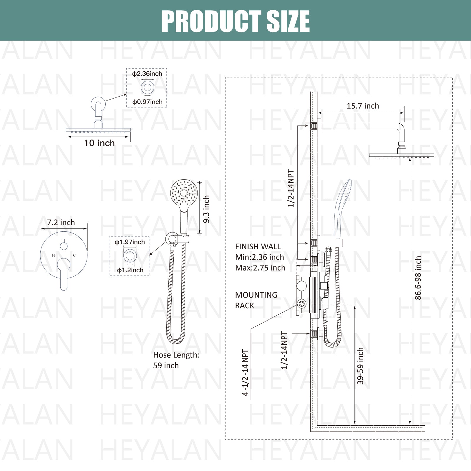 Heyalan Wall Mounted Shower Faucet Set for Bathroom with Pressure Balance Valve 10 Inch Rainfall Shower head and ABS Round Shower Wand with Single function Handheld Spray Without Tub Spout
