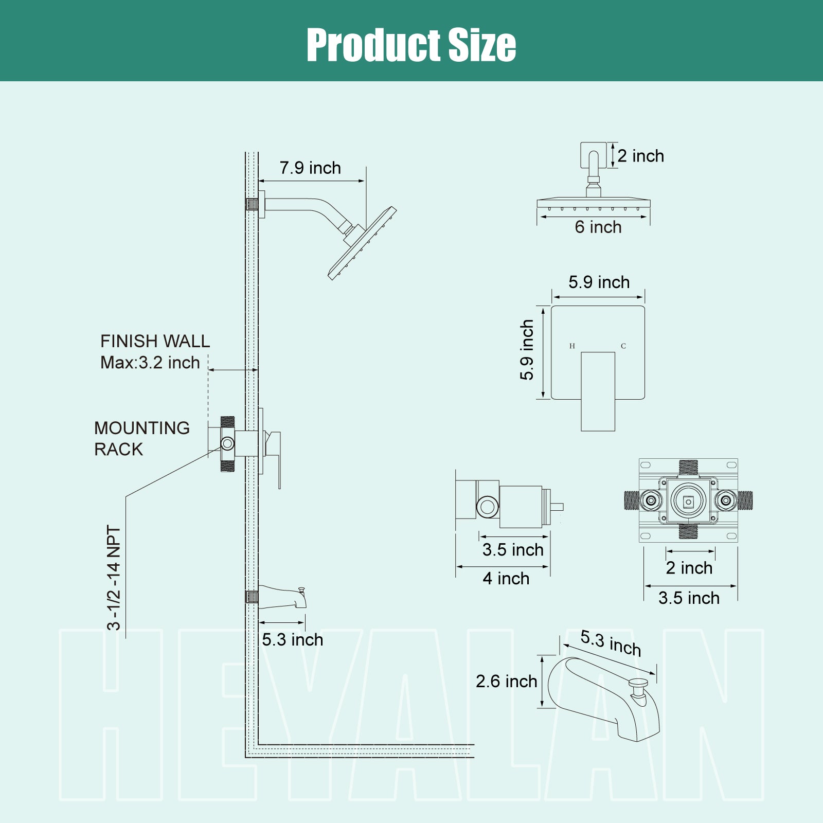 Heyalan Shower Faucet Set with 6-Inch Square Showerhead 2 Function Shower Trim Kit with Solid Brass Male Thread Rough-in Valve Single-Handle Shower System with Tub Spout