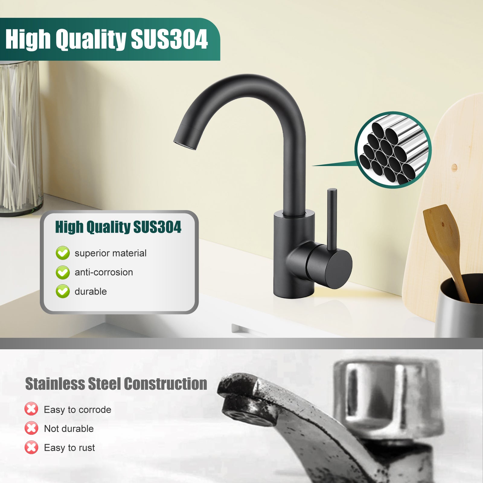 Heyalan Bar Sink Faucet 1 Hole Bathroom Sink Faucet,Stainless Steel 1 Handle with Cold and Hot Water Temperature RV Kitchen Restroom Utility Outdoor Faucet for Vanity Lavatory