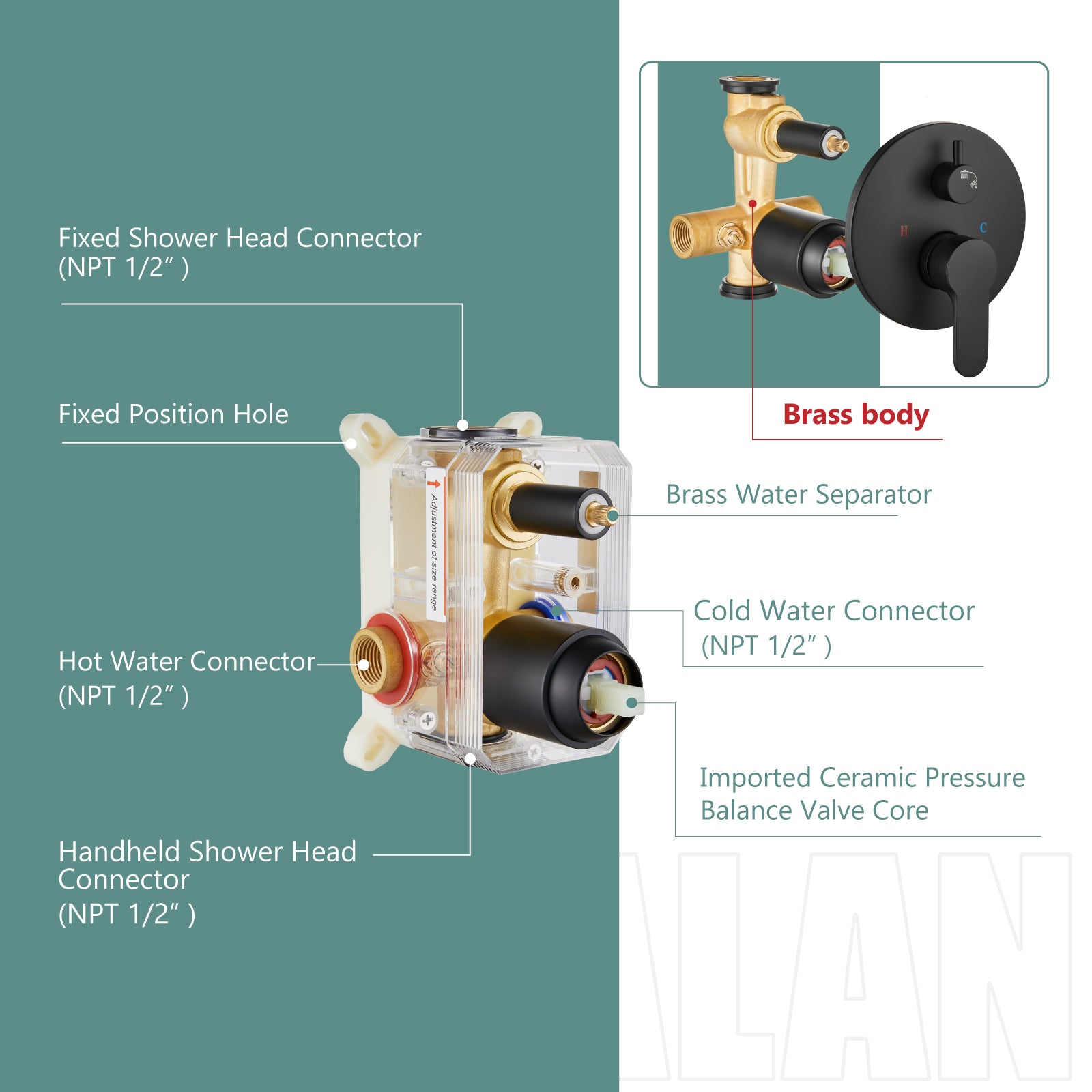 Heyalan Wall Mounted Shower Faucet Set for Bathroom with Pressure Balance Valve 10 Inch Rainfall Shower head and ABS Round Shower Wand with Single function Handheld Spray Without Tub Spout