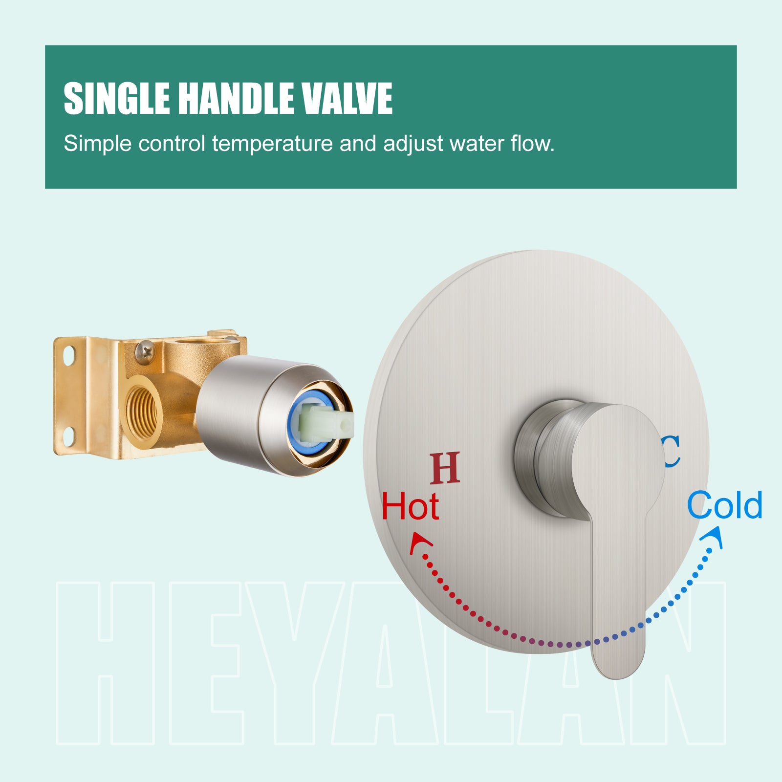 Heyalan Single-Function Shower Handle Valve Round Wall Mount Faucet Shower Rough-In Brass Valve Bathroom Trim Kit Single Handle Tub Shower Valve Mixer Female Thread