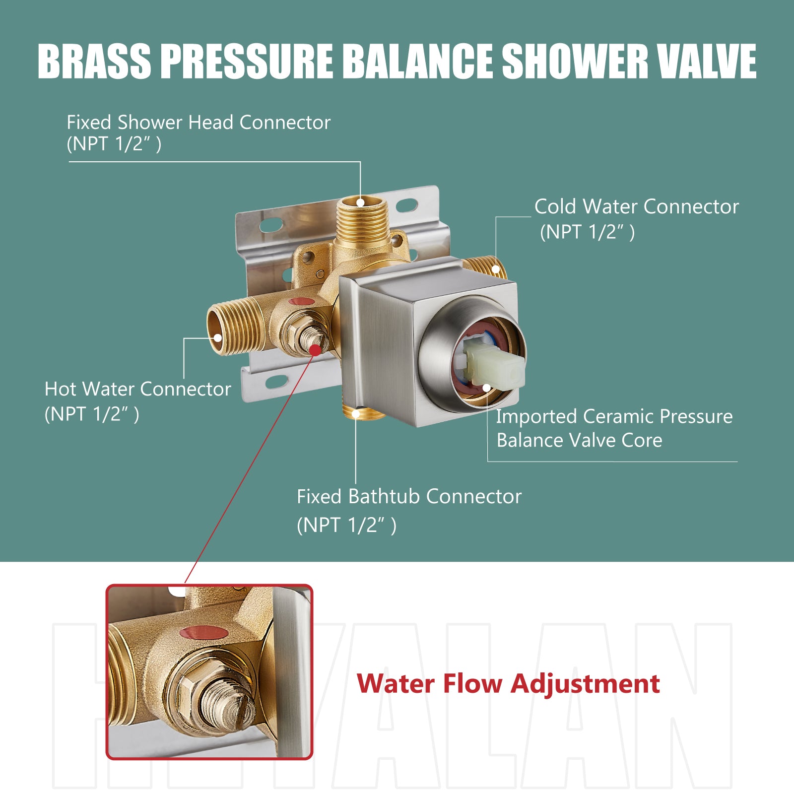Heyalan Shower Faucet Set with 6-Inch Square Showerhead 2 Function Shower Trim Kit with Solid Brass Male Thread Rough-in Valve Single-Handle Shower System with Tub Spout