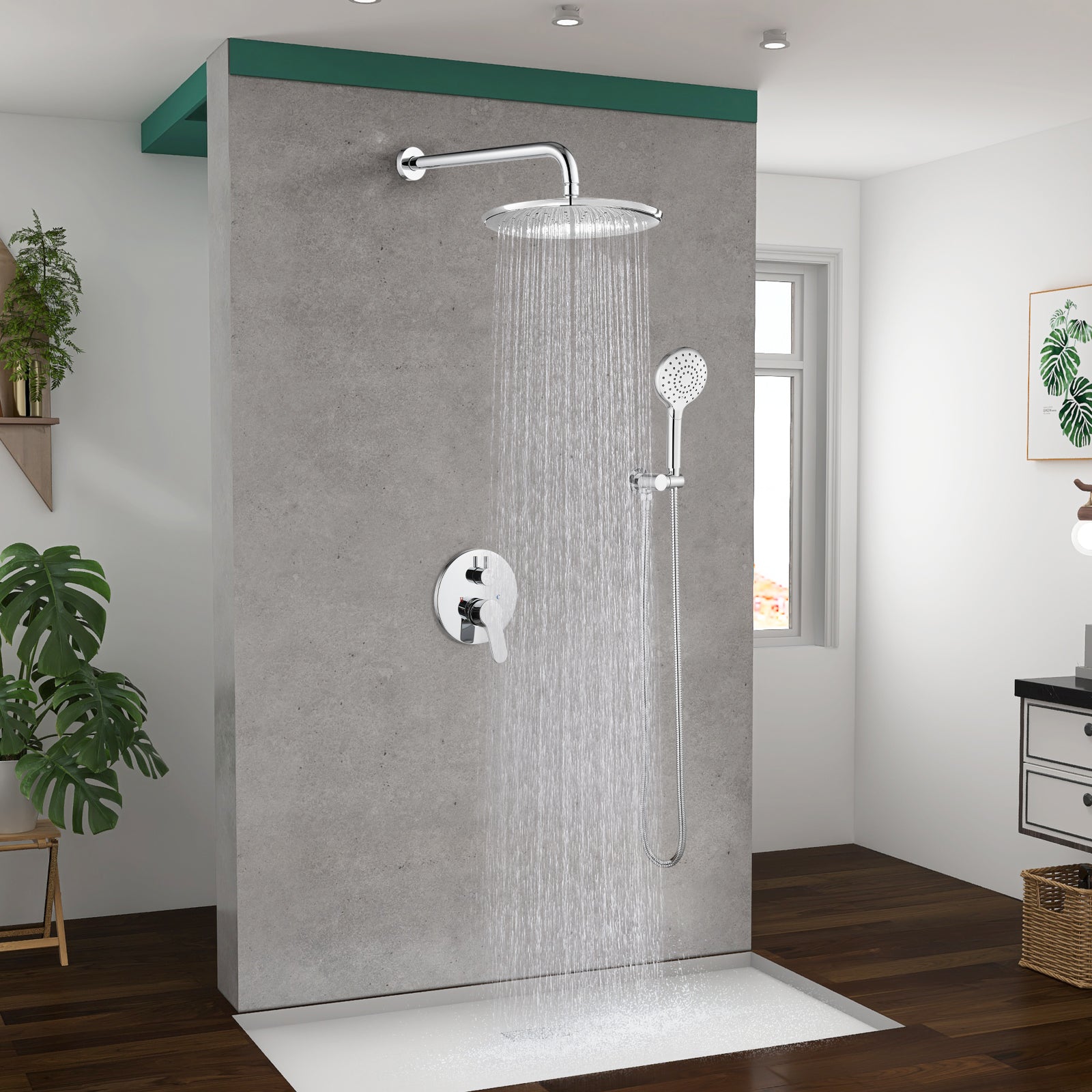 Heyalan Wall Mounted Shower Faucet Set for Bathroom with Pressure Balance Valve 10 Inch Rainfall Shower head and ABS Round Shower Wand with Single function Handheld Spray Without Tub Spout