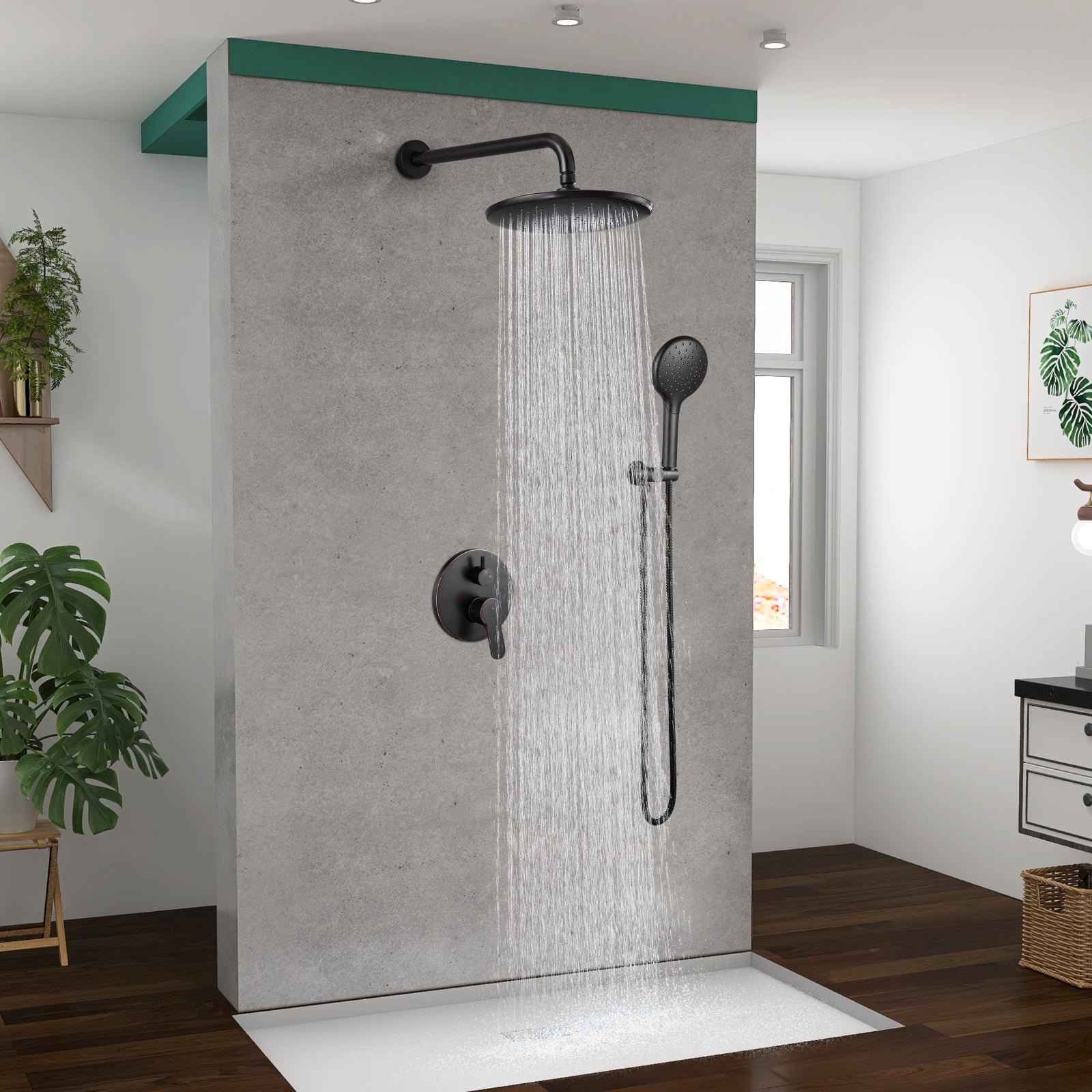 Heyalan Wall Mounted Shower Faucet Set for Bathroom with Pressure Balance Valve 10 Inch Rainfall Shower head and ABS Round Shower Wand with Single function Handheld Spray Without Tub Spout