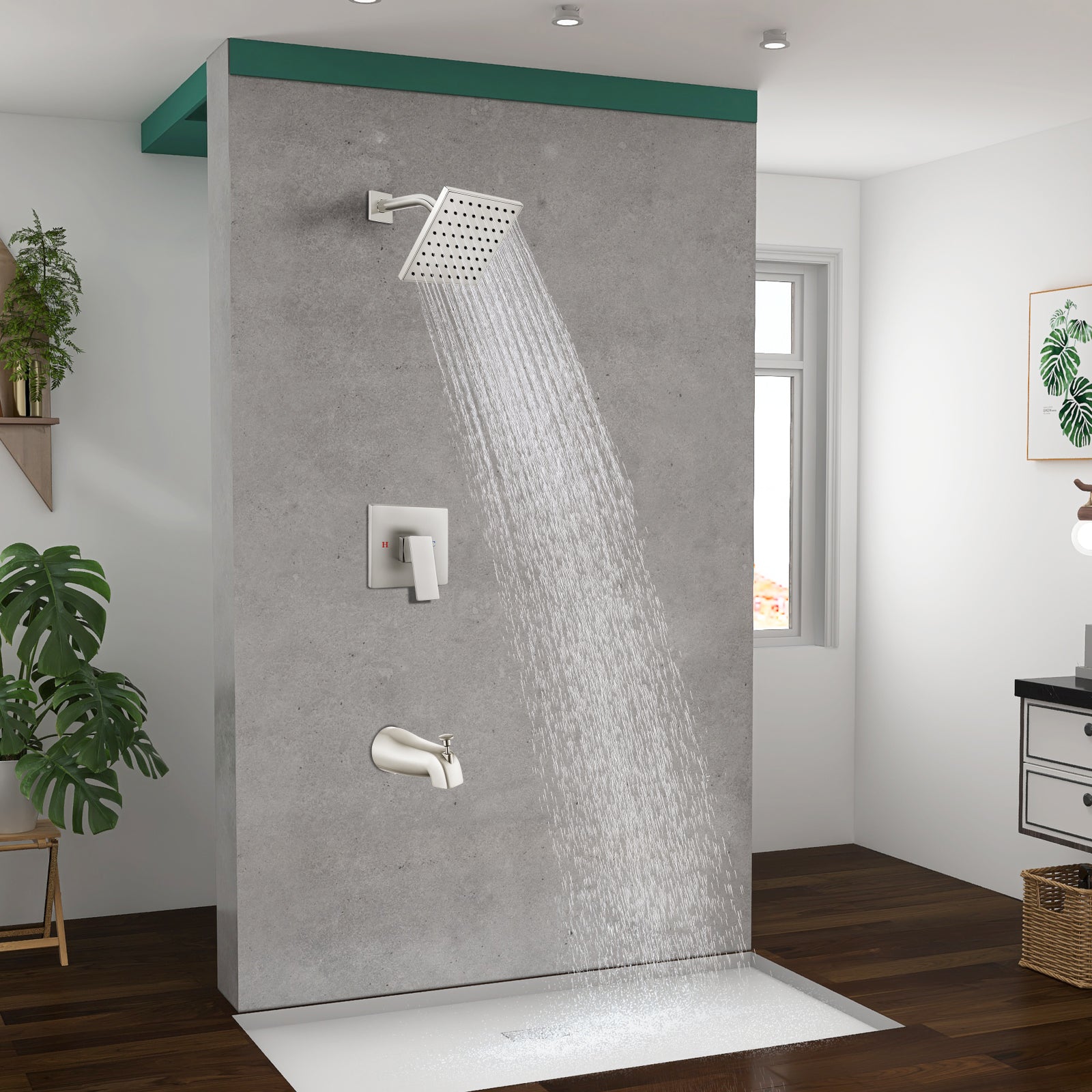 Heyalan Shower Faucet Set with 6-Inch Square Showerhead 2 Function Shower Trim Kit with Solid Brass Male Thread Rough-in Valve Single-Handle Shower System with Tub Spout