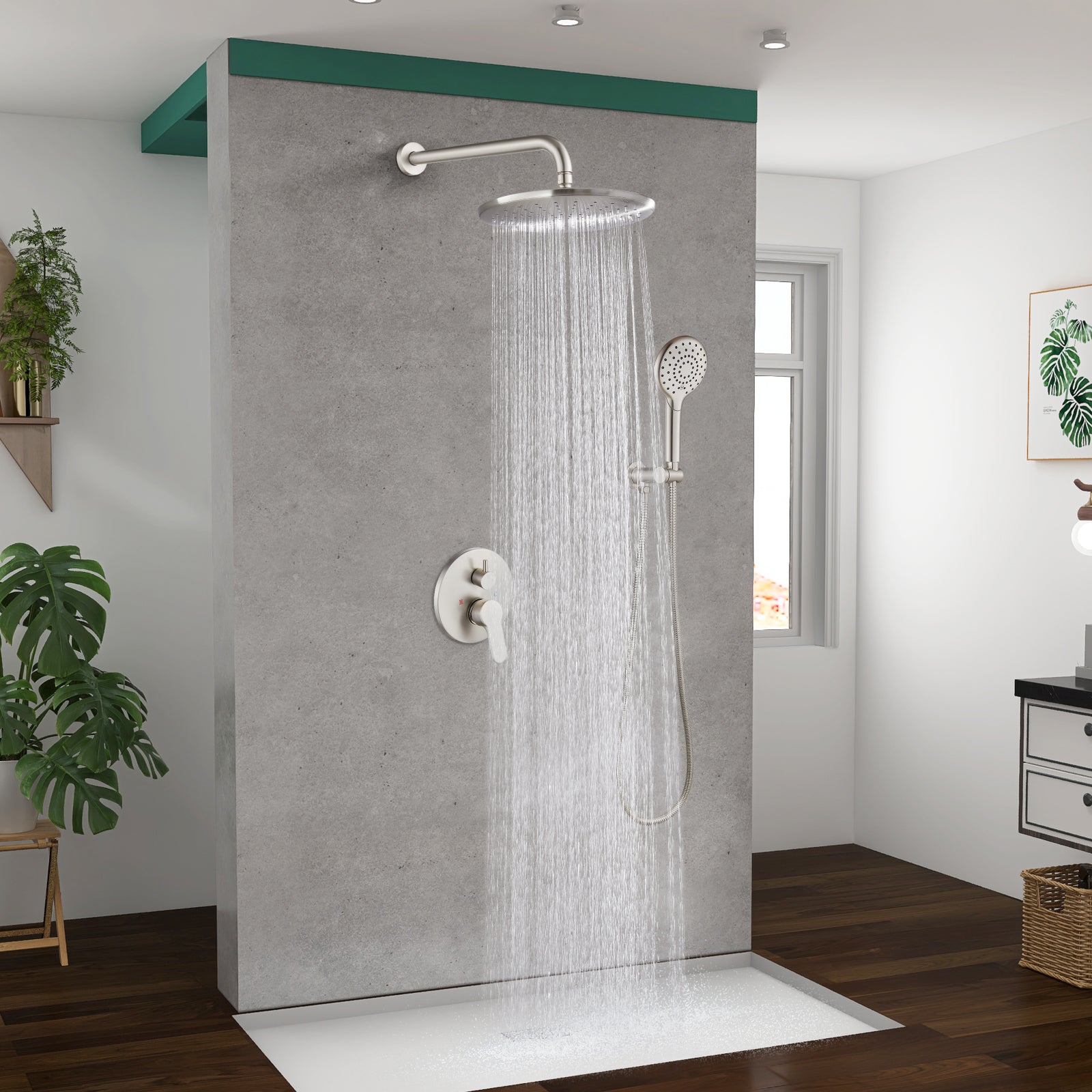 Heyalan Wall Mounted Shower Faucet Set for Bathroom with Pressure Balance Valve 10 Inch Rainfall Shower head and ABS Round Shower Wand with Single function Handheld Spray Without Tub Spout