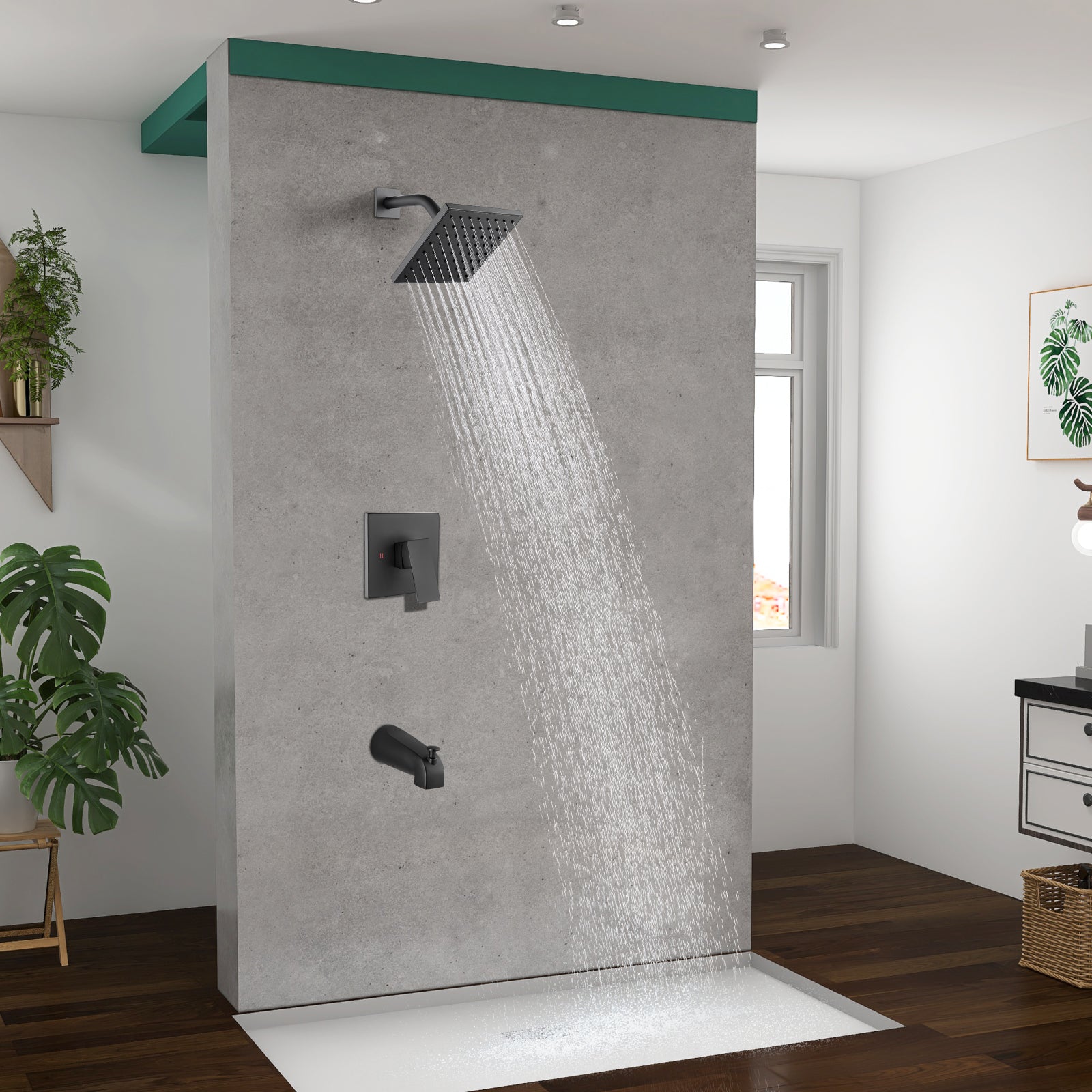 Heyalan Shower Faucet Set with 6-Inch Square Showerhead 2 Function Shower Trim Kit with Solid Brass Male Thread Rough-in Valve Single-Handle Shower System with Tub Spout