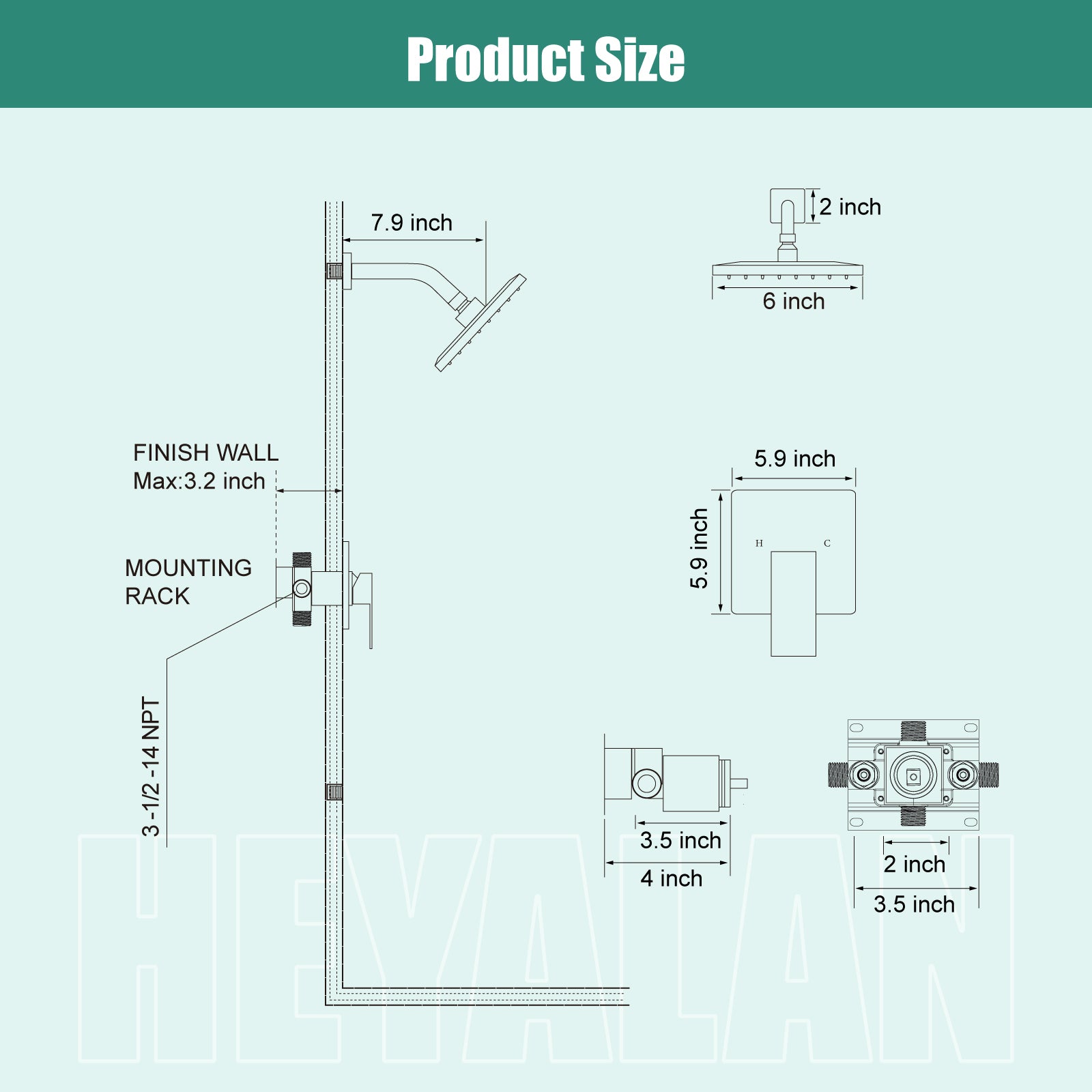 Heyalan Shower Faucet Set with 6-Inch Square Showerhead Single Function Shower Trim Kit with Solid Brass Male Thread Rough-in Valve Single-Handle Shower System