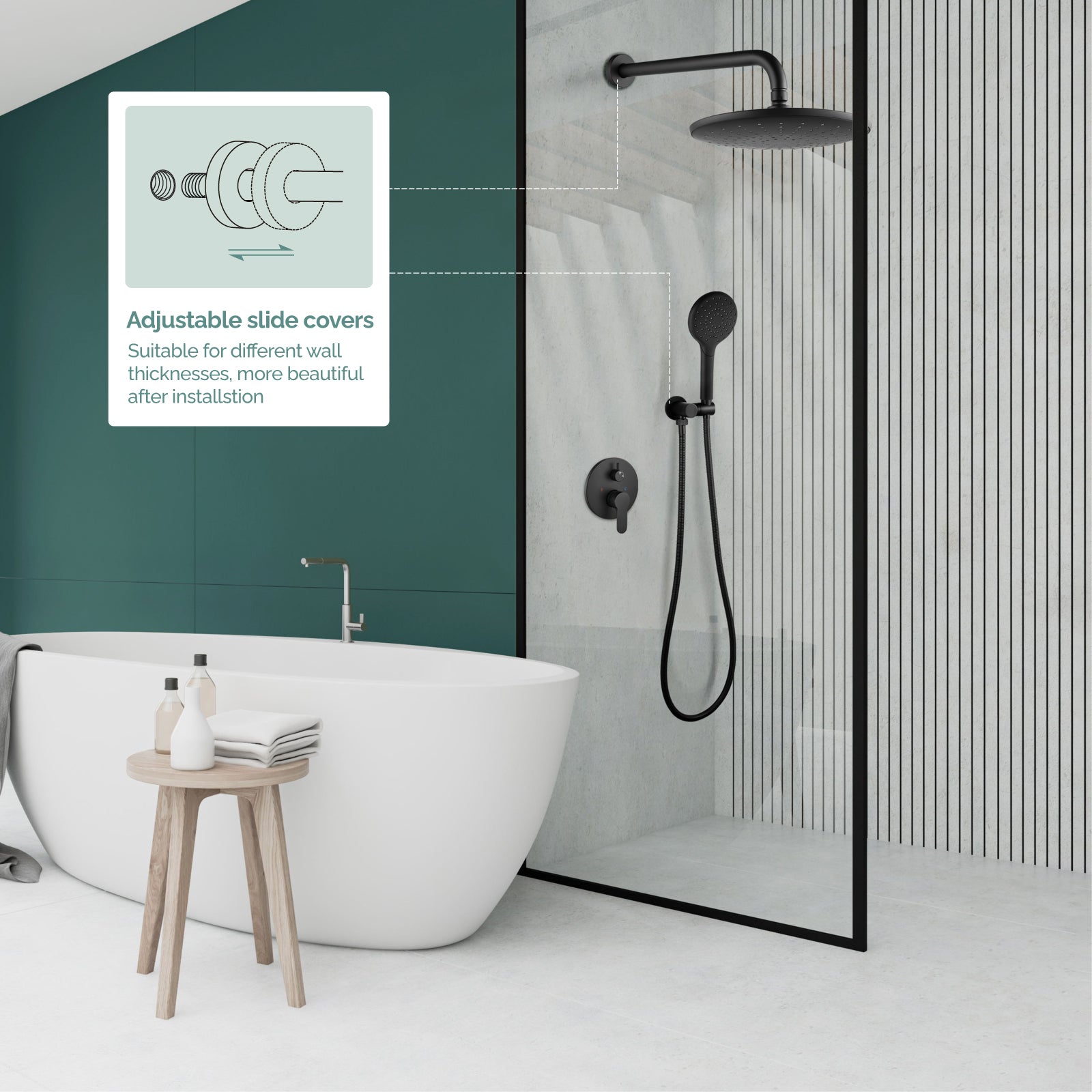 Heyalan Wall Mounted Shower Faucet Set for Bathroom with Pressure Balance Valve 10 Inch Rainfall Shower head and ABS Round Shower Wand with Single function Handheld Spray Without Tub Spout