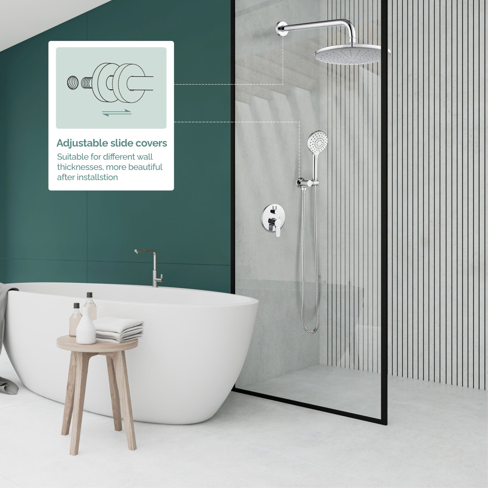Heyalan Wall Mounted Shower Faucet Set for Bathroom with Pressure Balance Valve 10 Inch Rainfall Shower head and ABS Round Shower Wand with Single function Handheld Spray Without Tub Spout