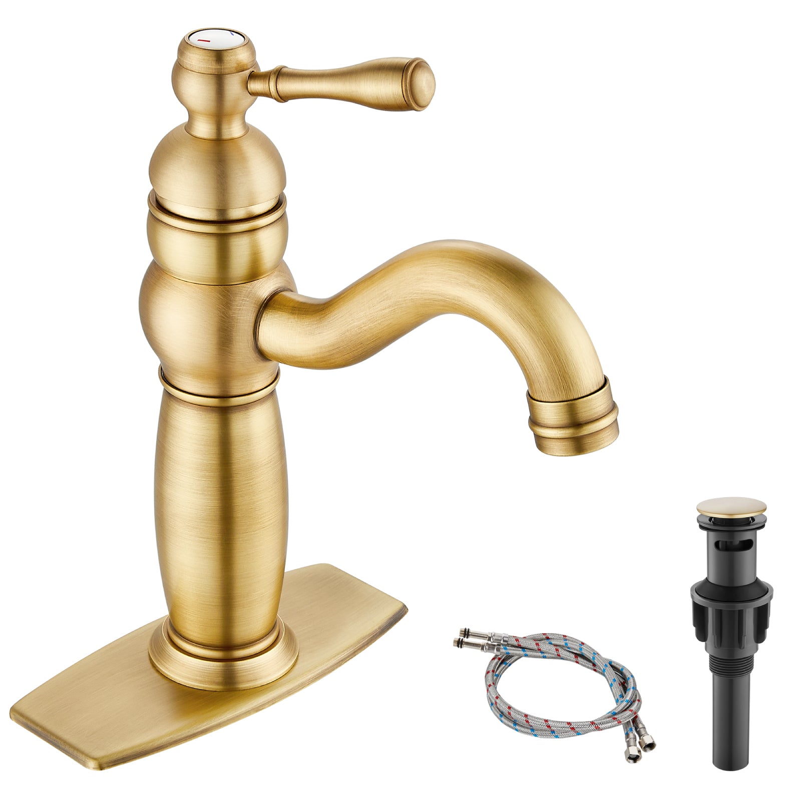Heyalan Bathroom Lavatory Vessel Sink Faucet Single Hole 1 Lever Vintage Vessel Mixer Tap Retro Hot and Cold Water Solid Brass Pop-up Drain Included Deck Mounted