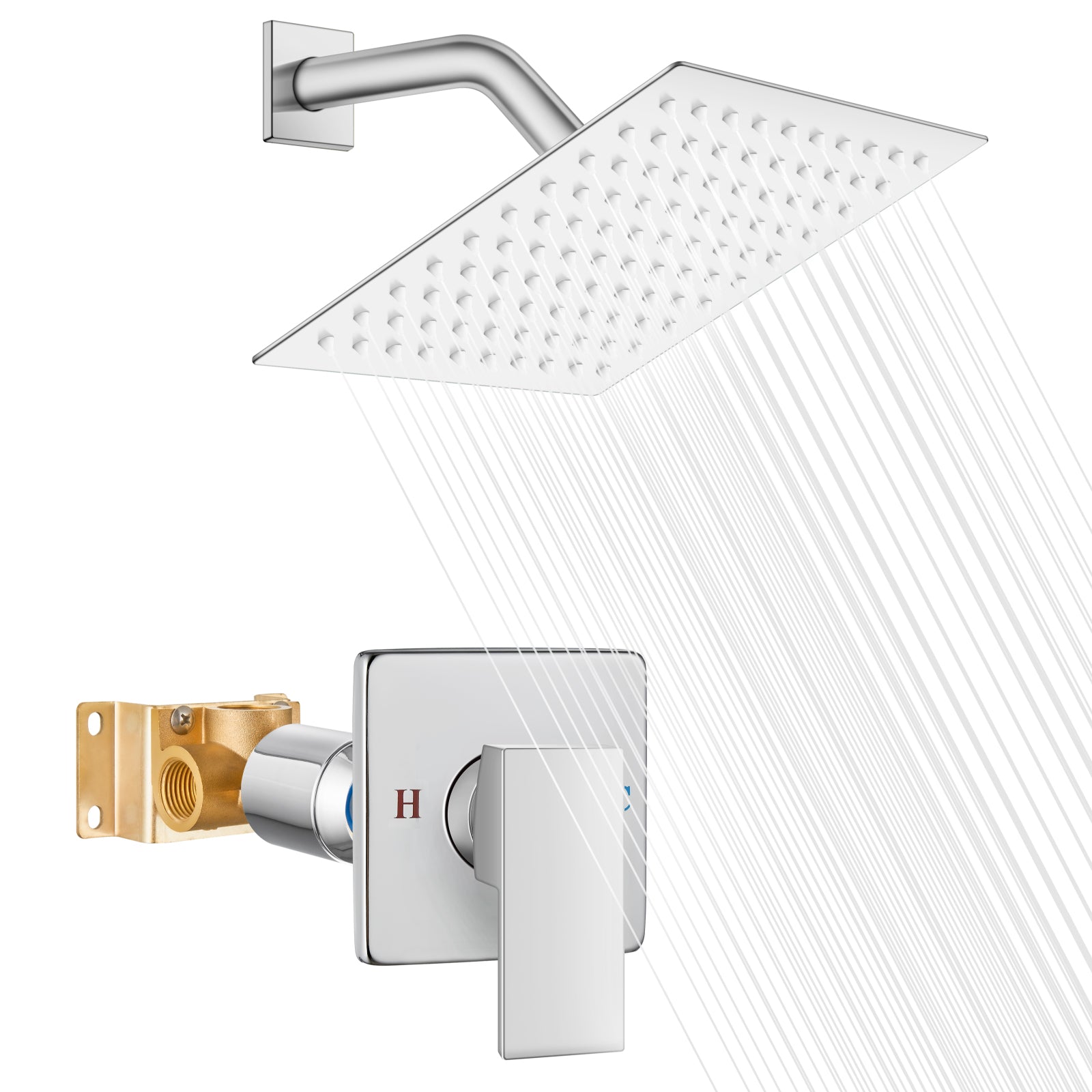 Shower Faucet Set Bathroom Rainfall Shower System Square SUS304 Stainless Steel Showerhead Single Function Shower Trim Kit 1 Handle with Rough-in Valve