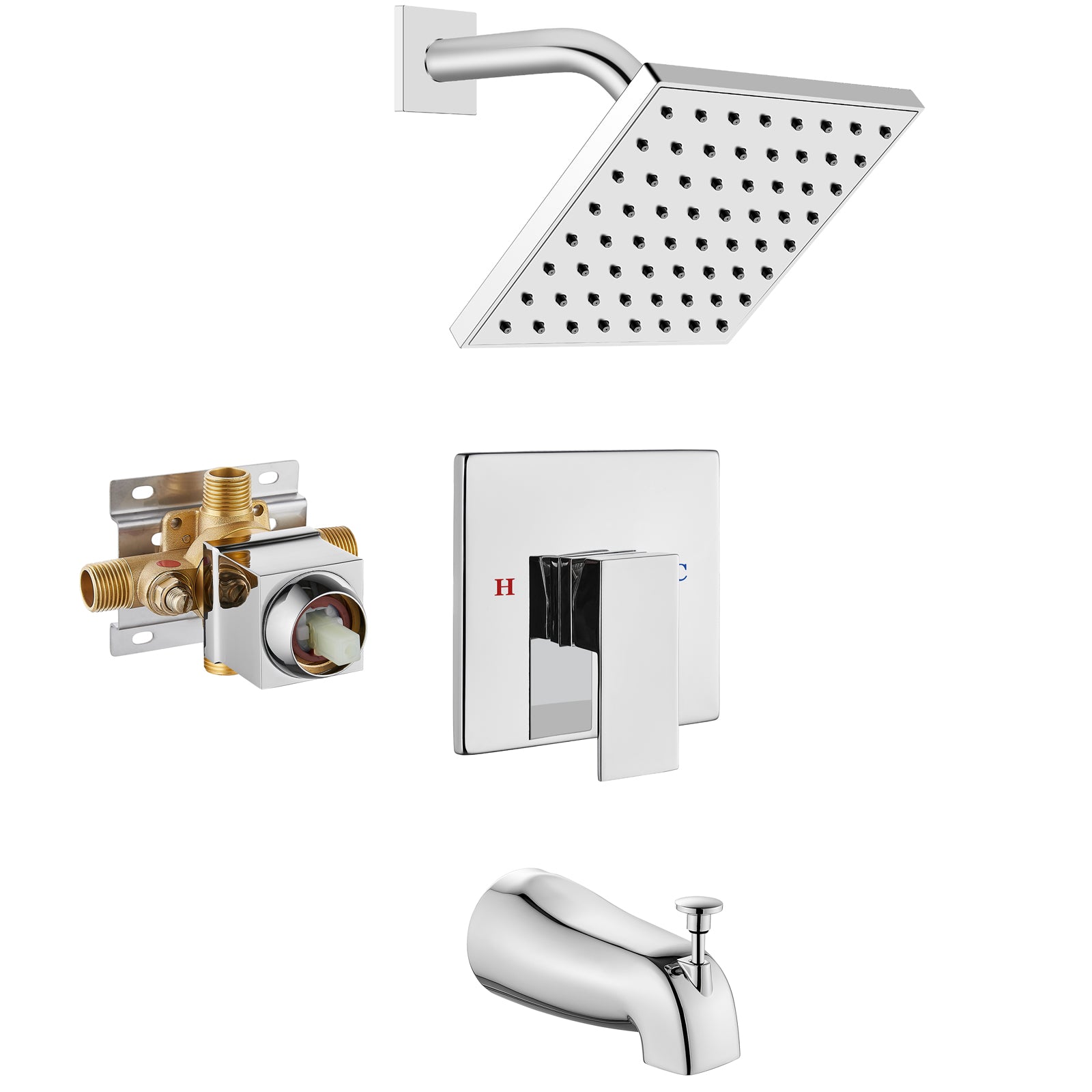 Heyalan Shower Faucet Set with 6-Inch Square Showerhead 2 Function Shower Trim Kit with Solid Brass Male Thread Rough-in Valve Single-Handle Shower System with Tub Spout