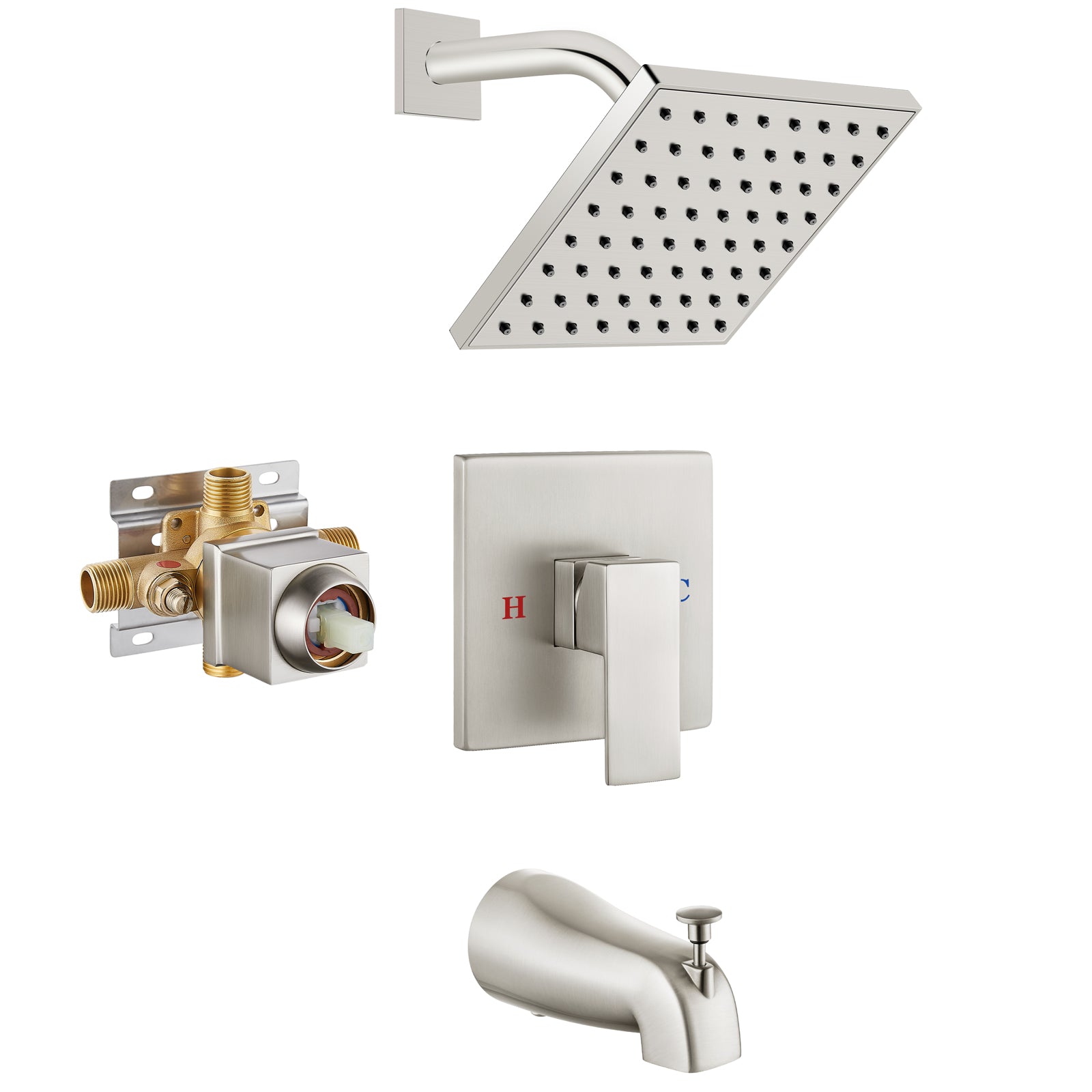 Heyalan Shower Faucet Set with 6-Inch Square Showerhead 2 Function Shower Trim Kit with Solid Brass Male Thread Rough-in Valve Single-Handle Shower System with Tub Spout