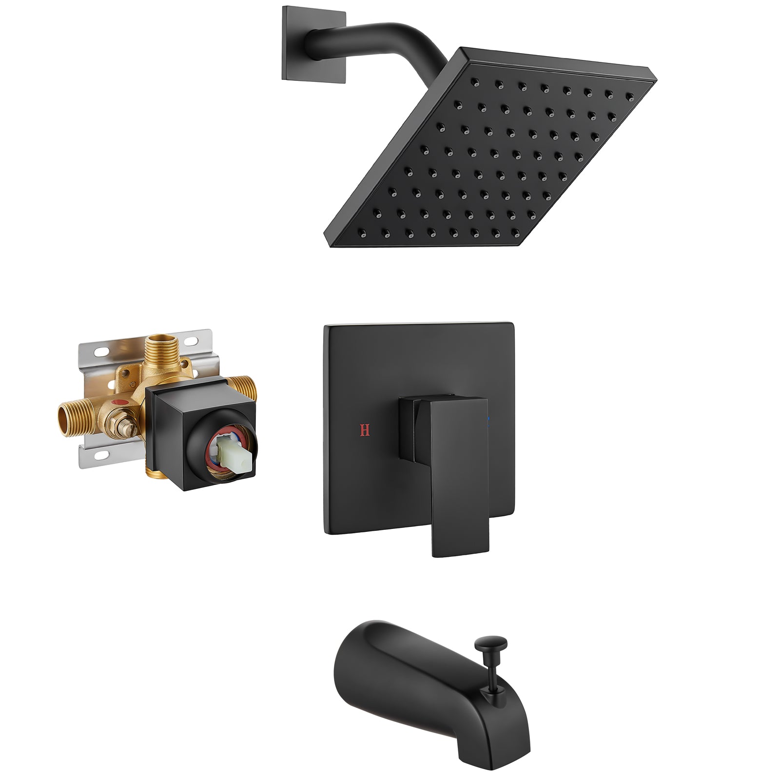Heyalan Shower Faucet Set with 6-Inch Square Showerhead 2 Function Shower Trim Kit with Solid Brass Male Thread Rough-in Valve Single-Handle Shower System with Tub Spout