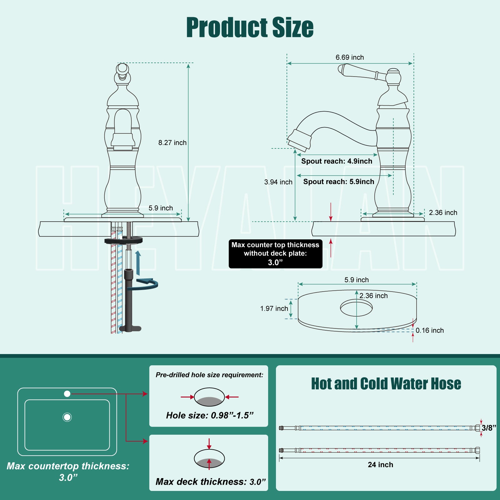Heyalan Bathroom Sink Faucet 1 Handle Single Hole Lavatory Vanity Basin Commercial Mixer Tap Deck Mount Pop Up Drain Include