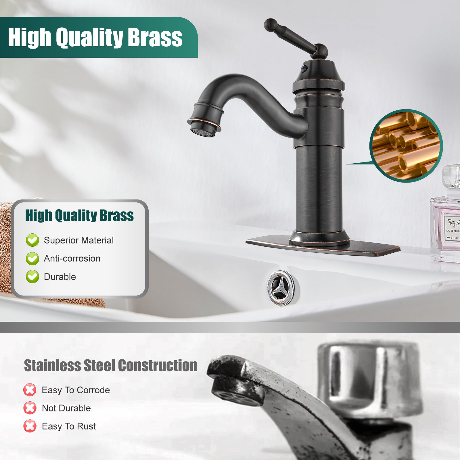 Heyalan Bathroom Sink Faucet Brass One Hole Single Handle Lavatory Fixture Deck Mounted Vanity Vessel Mixer Tap Pop Up Drain Included Hot and Cold Water