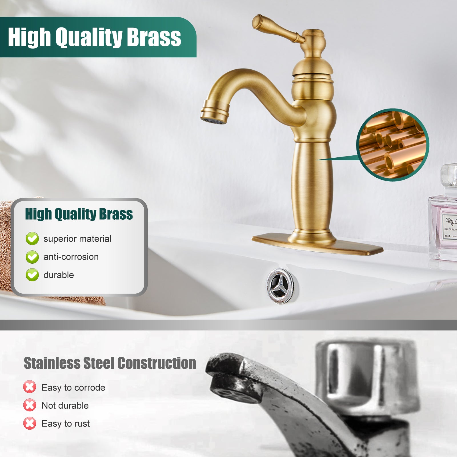 Heyalan Bathroom Lavatory Vessel Sink Faucet Single Hole 1 Lever Vintage Vessel Mixer Tap Retro Hot and Cold Water Solid Brass Pop-up Drain Included Deck Mounted