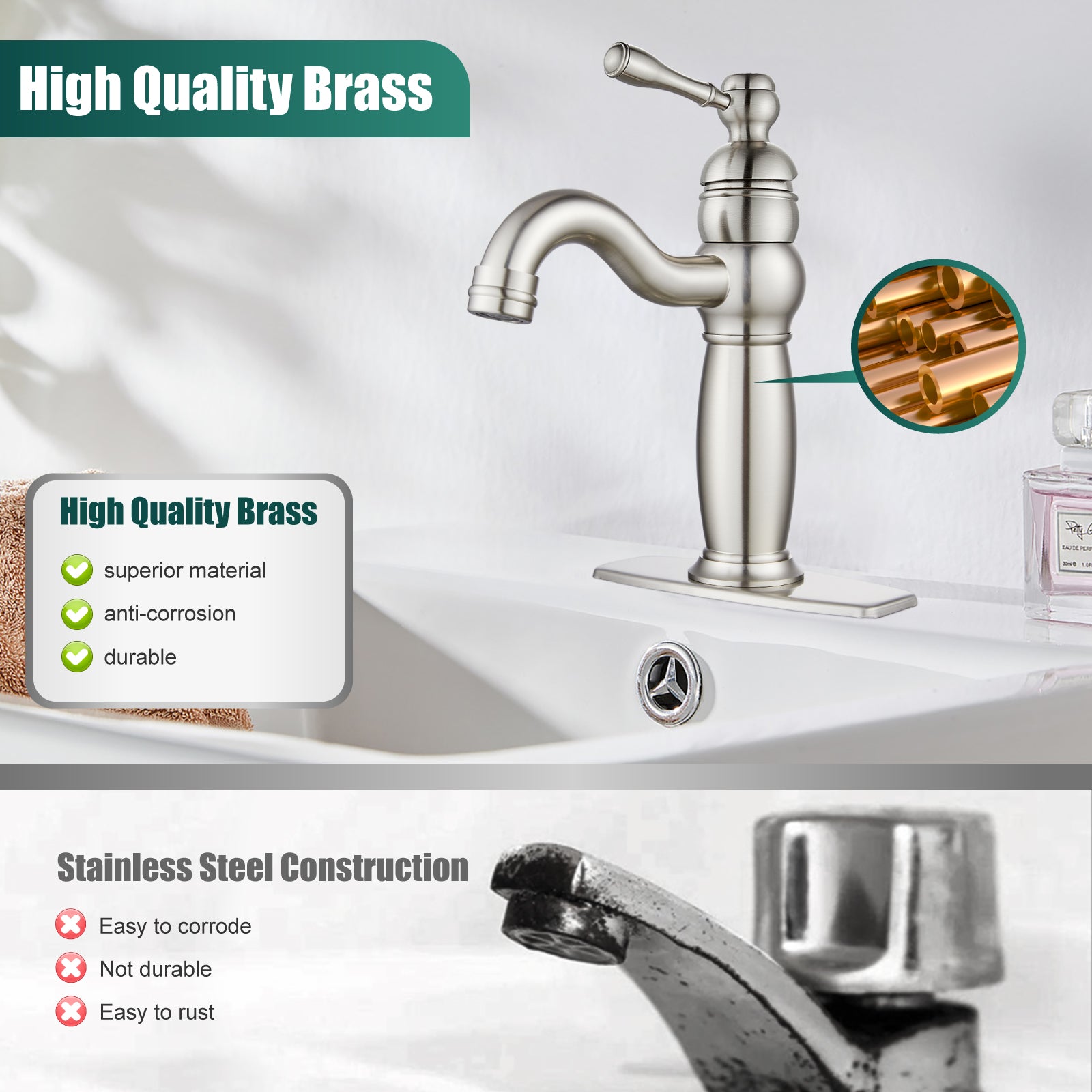 Heyalan Bathroom Lavatory Vessel Sink Faucet Single Hole 1 Lever Vintage Vessel Mixer Tap Retro Hot and Cold Water Solid Brass Pop-up Drain Included Deck Mounted