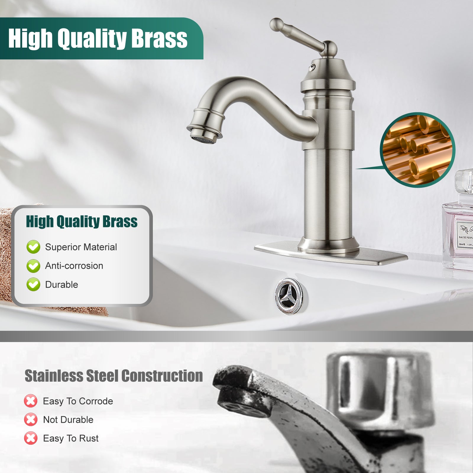 Heyalan Bathroom Sink Faucet Brass One Hole Single Handle Lavatory Fixture Deck Mounted Vanity Vessel Mixer Tap Pop Up Drain Included Hot and Cold Water