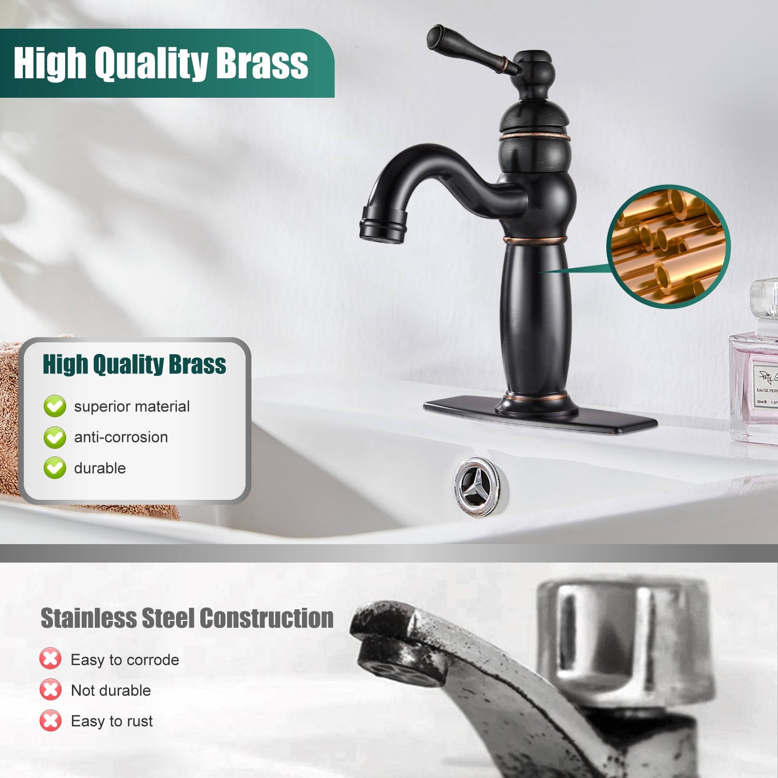 Heyalan Bathroom Lavatory Vessel Sink Faucet Single Hole 1 Lever Vintage Vessel Mixer Tap Retro Hot and Cold Water Solid Brass Pop-up Drain Included Deck Mounted