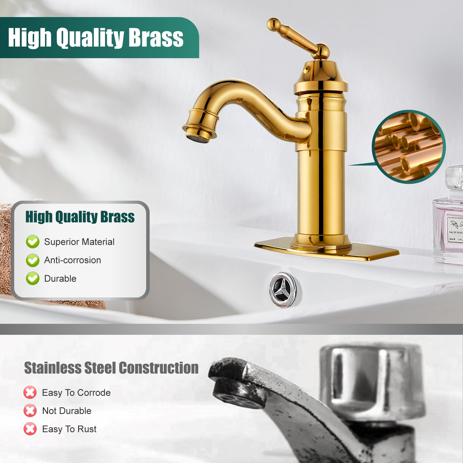 Heyalan Bathroom Sink Faucet Brass One Hole Single Handle Lavatory Fixture Deck Mounted Vanity Vessel Mixer Tap Pop Up Drain Included Hot and Cold Water