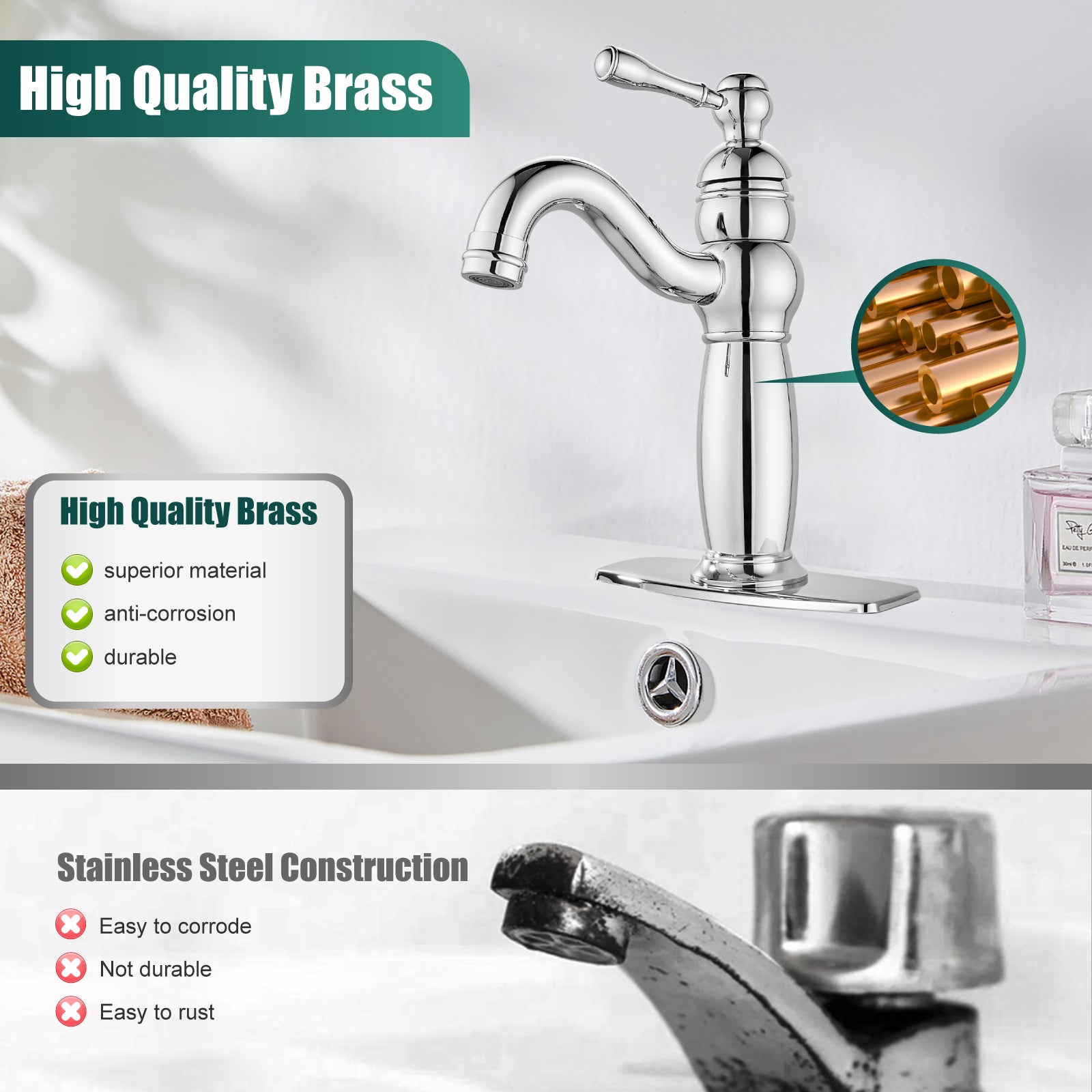 Heyalan Bathroom Lavatory Vessel Sink Faucet Single Hole 1 Lever Vintage Vessel Mixer Tap Retro Hot and Cold Water Solid Brass Pop-up Drain Included Deck Mounted