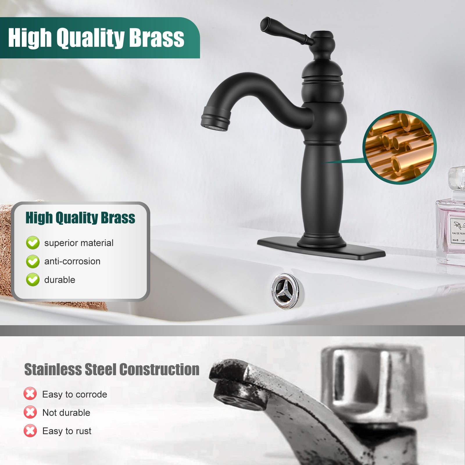 Heyalan Bathroom Lavatory Vessel Sink Faucet Single Hole 1 Lever Vintage Vessel Mixer Tap Retro Hot and Cold Water Solid Brass Pop-up Drain Included Deck Mounted