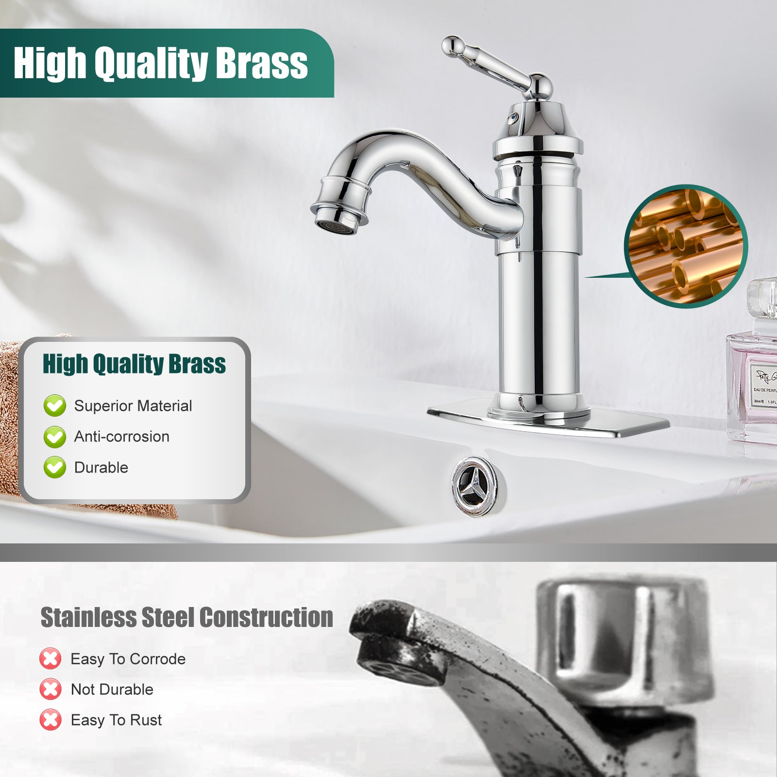 Heyalan Bathroom Sink Faucet Brass One Hole Single Handle Lavatory Fixture Deck Mounted Vanity Vessel Mixer Tap Pop Up Drain Included Hot and Cold Water