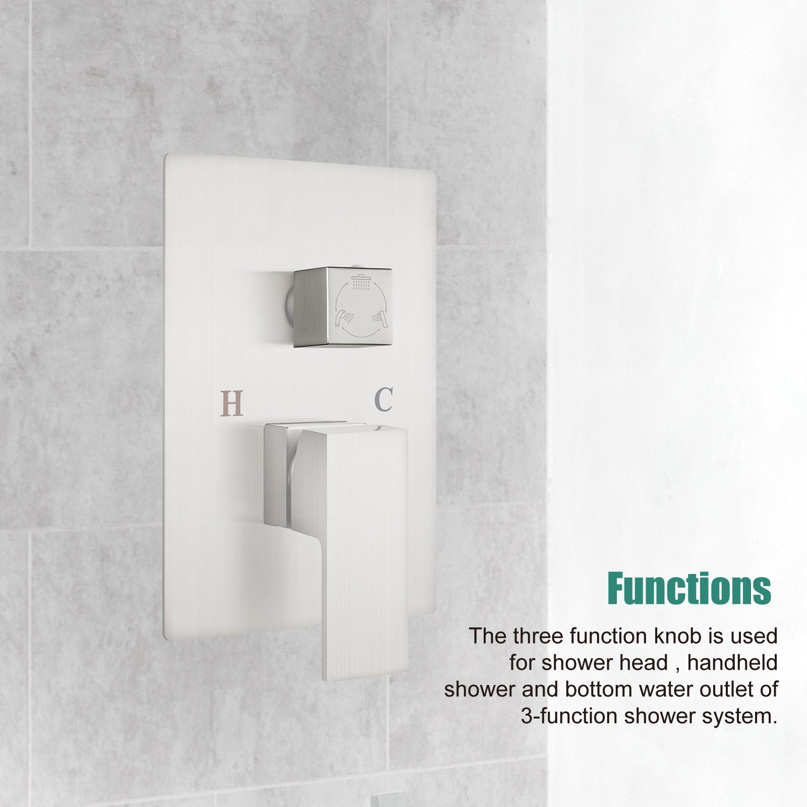 Heyalan Shower Diverter Knob 3 functions Shower Water Flow Converter Square