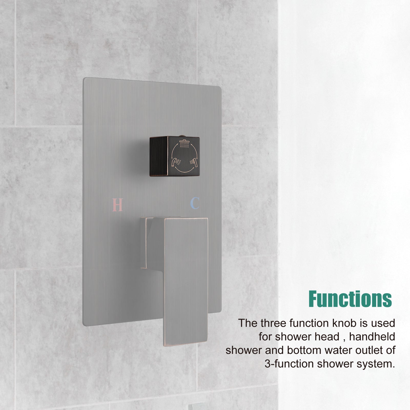 Heyalan Shower Diverter Knob 3 functions Shower Water Flow Converter Square
