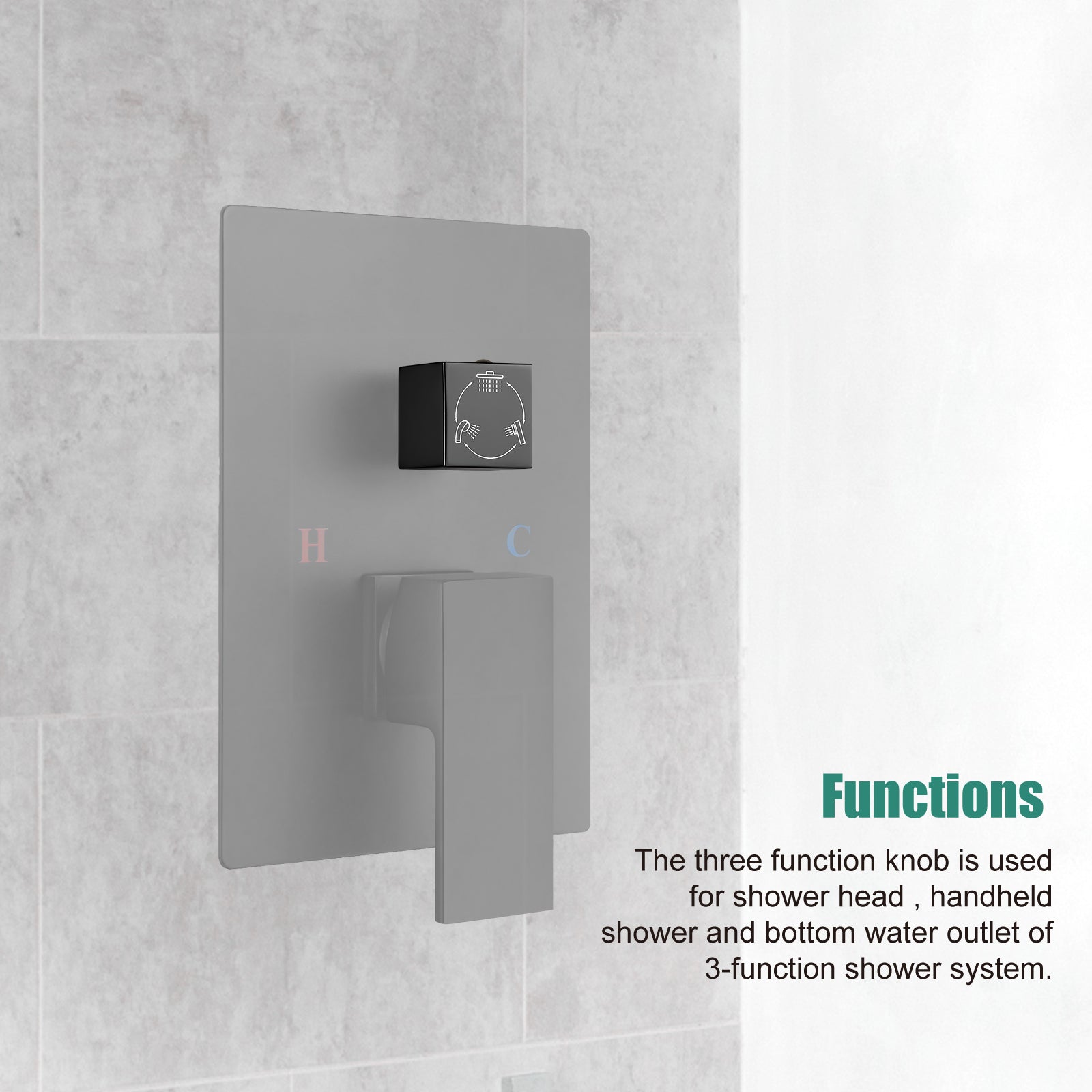 Heyalan Shower Diverter Knob 3 functions Shower Water Flow Converter Square