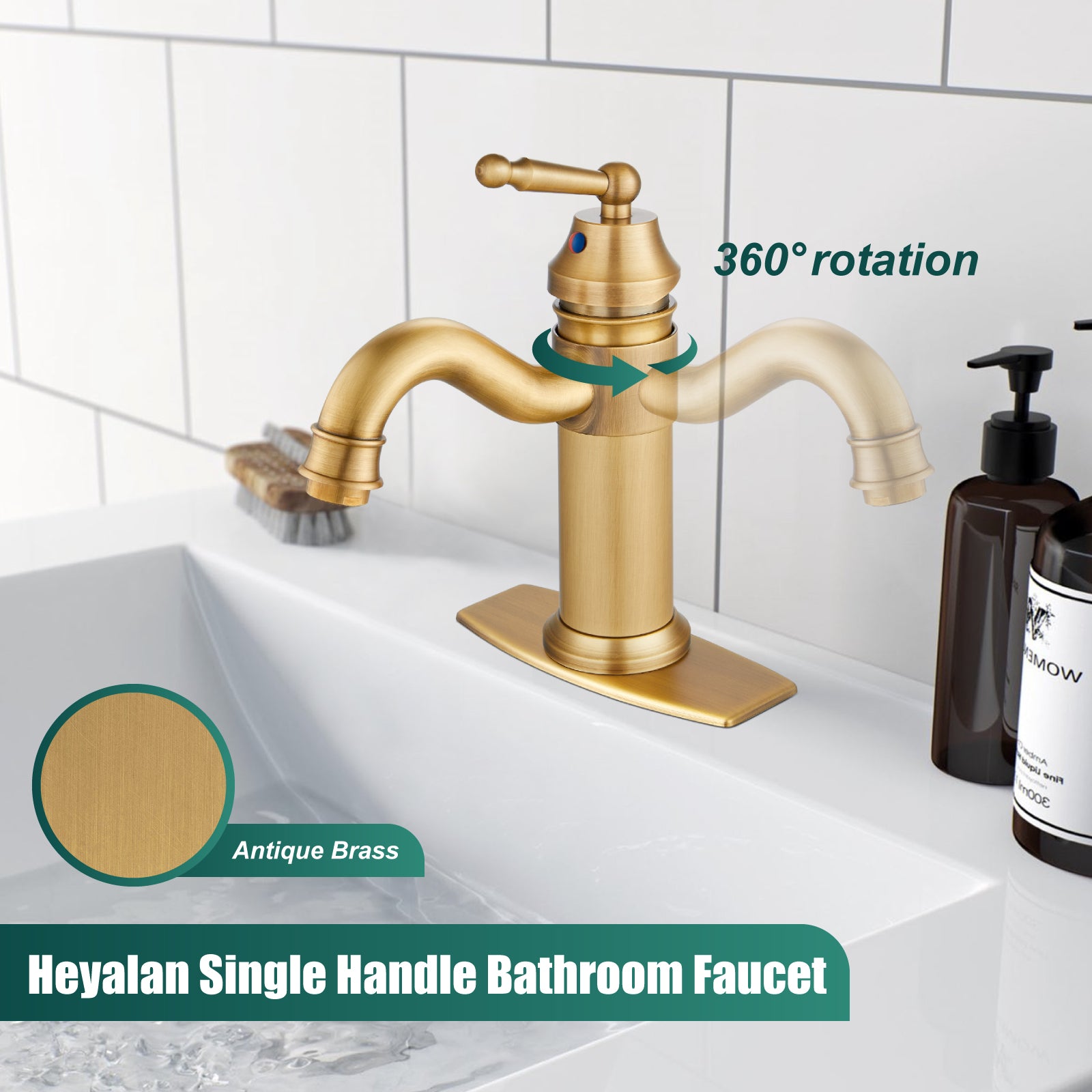 Heyalan Bathroom Sink Faucet Brass One Hole Single Handle Lavatory Fixture Deck Mounted Vanity Vessel Mixer Tap Pop Up Drain Included Hot and Cold Water