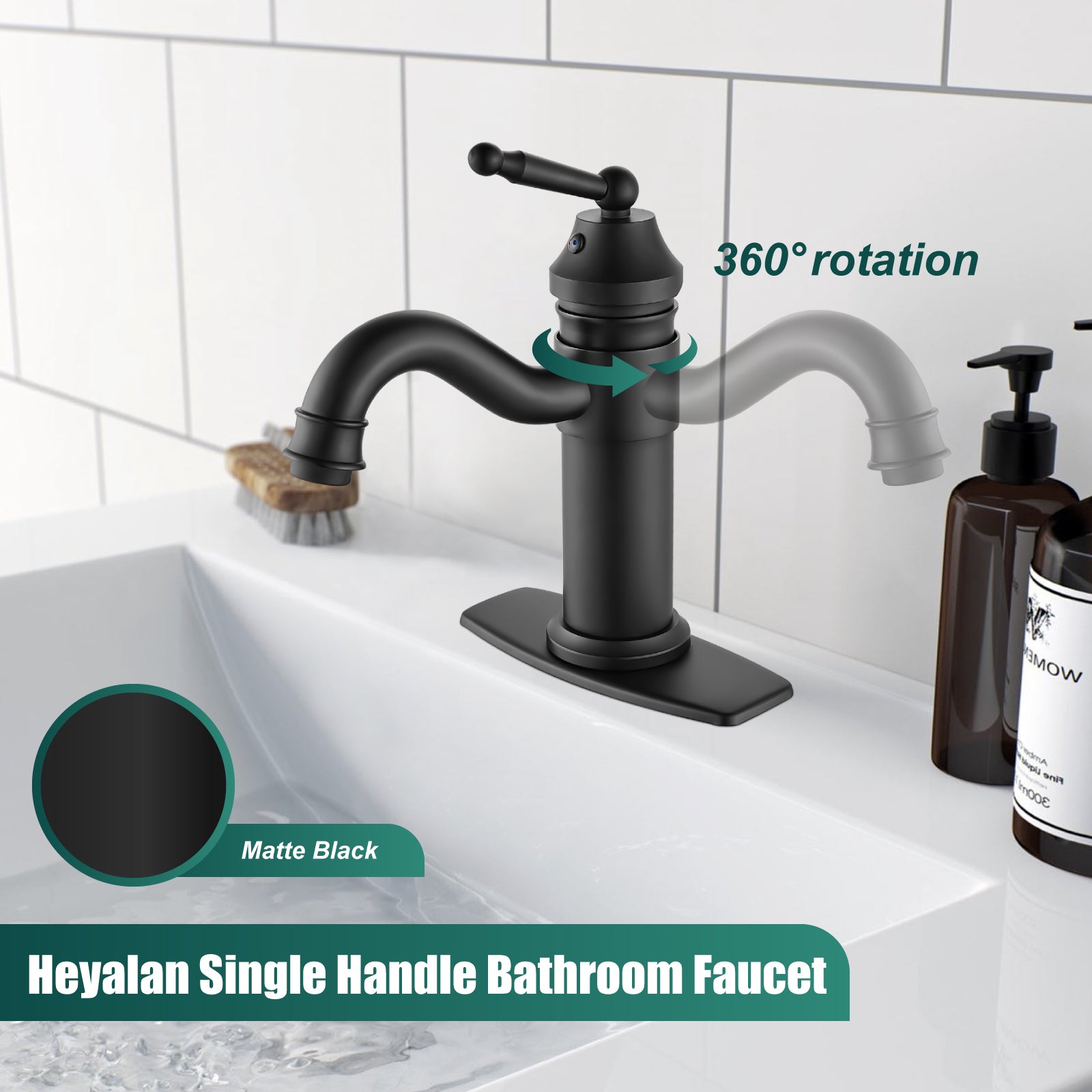 Heyalan Bathroom Sink Faucet Brass One Hole Single Handle Lavatory Fixture Deck Mounted Vanity Vessel Mixer Tap Pop Up Drain Included Hot and Cold Water