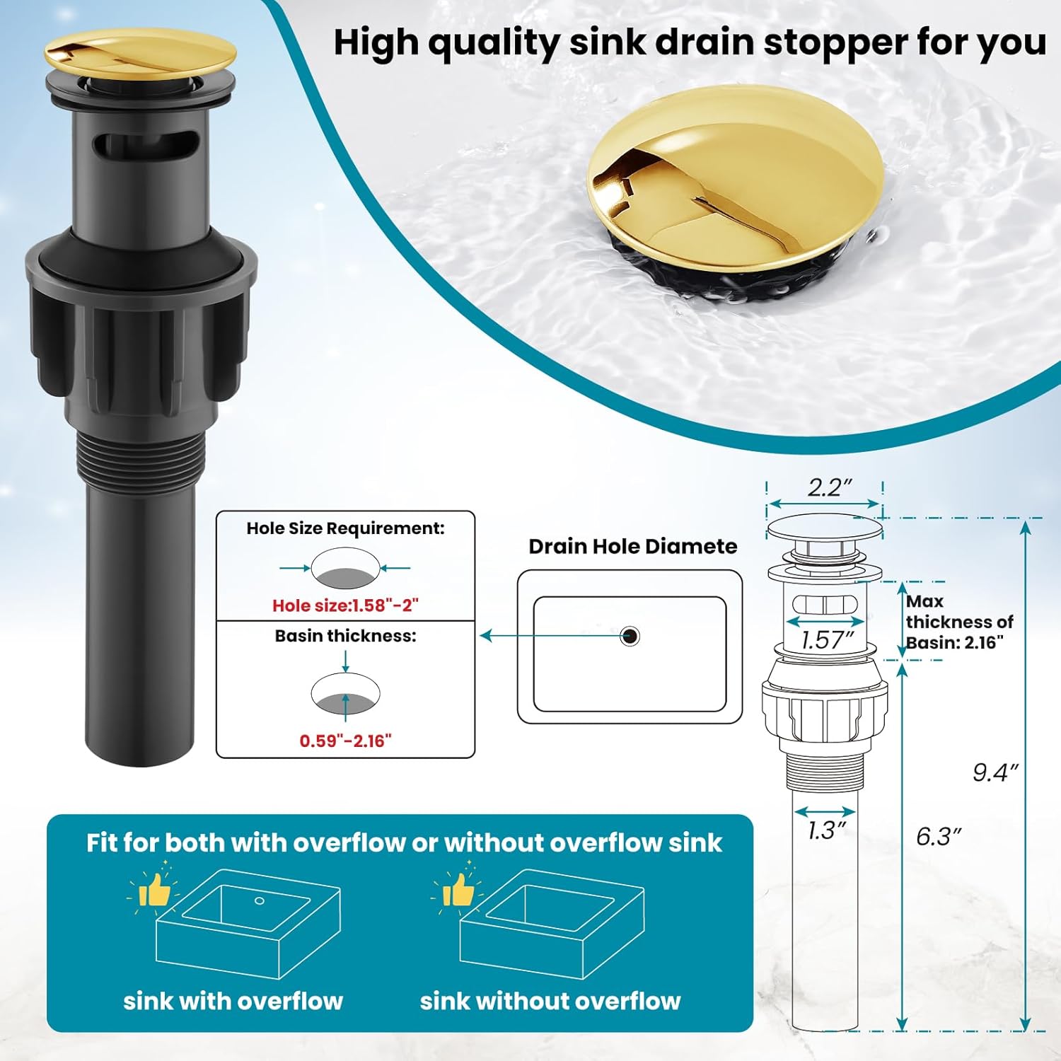 Polish Gold Bathroom Sink Drain,ABS Pop Up Drain Stopper for Vessel Lavatory Vessel Sink