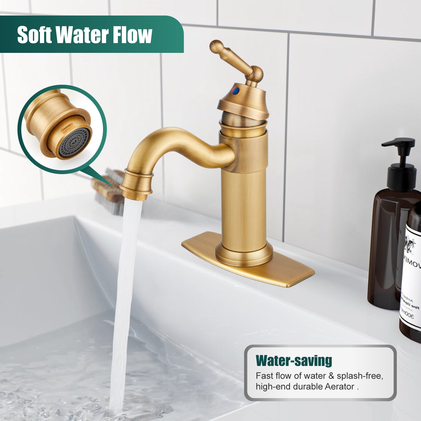 Heyalan Bathroom Sink Faucet Brass One Hole Single Handle Lavatory Fixture Deck Mounted Vanity Vessel Mixer Tap Pop Up Drain Included Hot and Cold Water