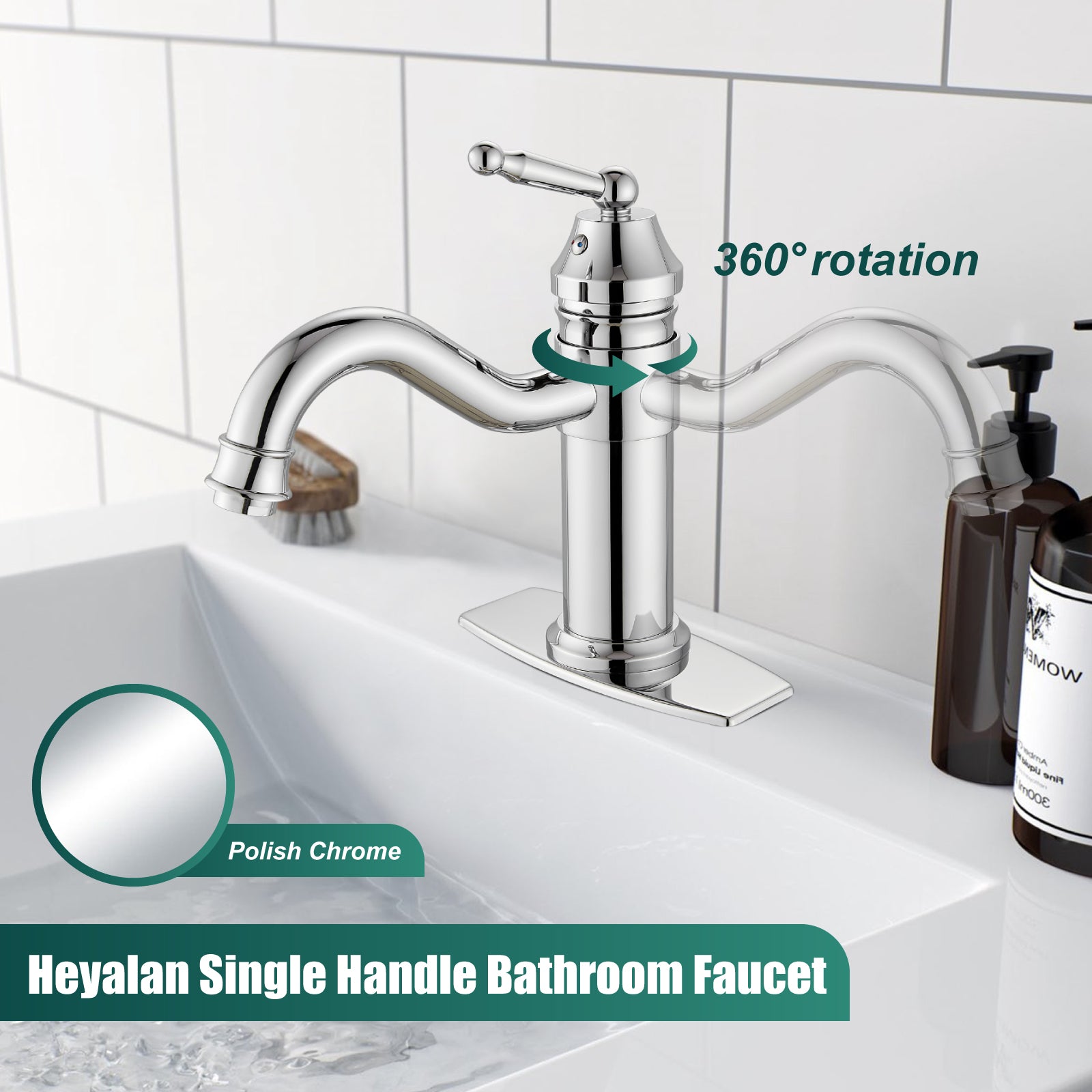 Heyalan Bathroom Sink Faucet Deck Mount Single Hole One Handle Lavatory Assembly Brass Vanity Basin Mixer Tap Pop Up Drain Included Hot and Cold Water
