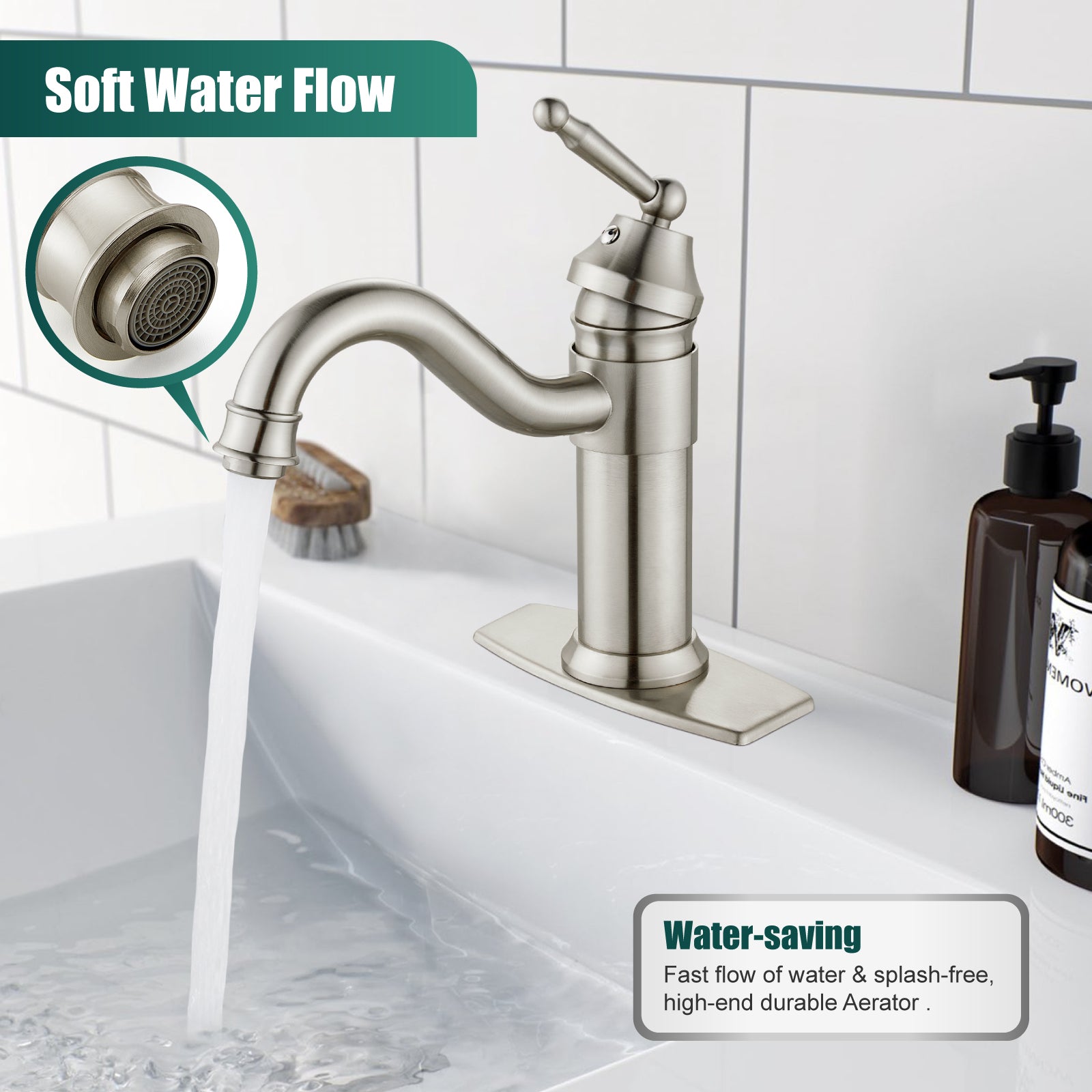 Heyalan Bathroom Sink Faucet Deck Mount Single Hole One Handle Lavatory Assembly Brass Vanity Basin Mixer Tap Pop Up Drain Included Hot and Cold Water