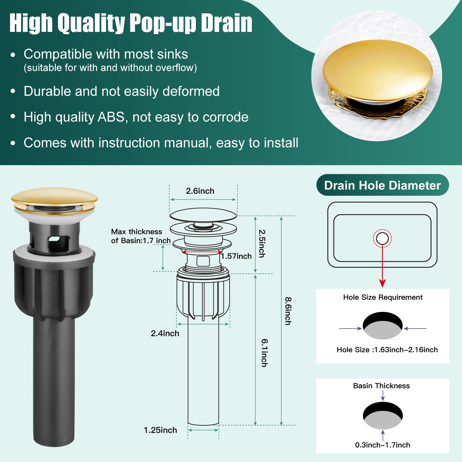 Heyalan Bathroom Sink Faucet Brass One Hole Single Handle Lavatory Fixture Deck Mounted Vanity Vessel Mixer Tap Pop Up Drain Included Hot and Cold Water