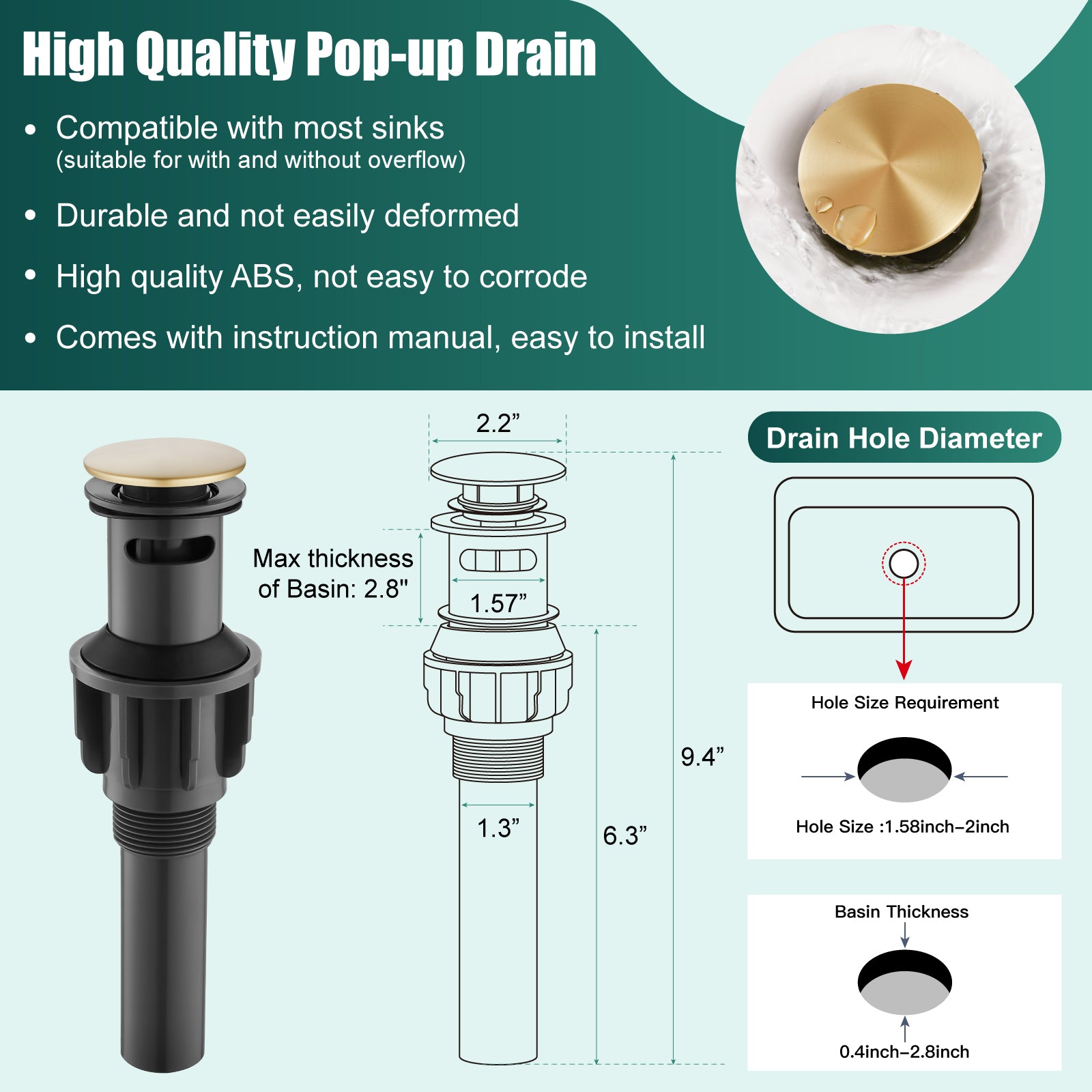 Heyalan Bathroom Sink Faucet Brass One Hole Single Handle Lavatory Fixture Deck Mounted Vanity Vessel Mixer Tap Pop Up Drain Included Hot and Cold Water