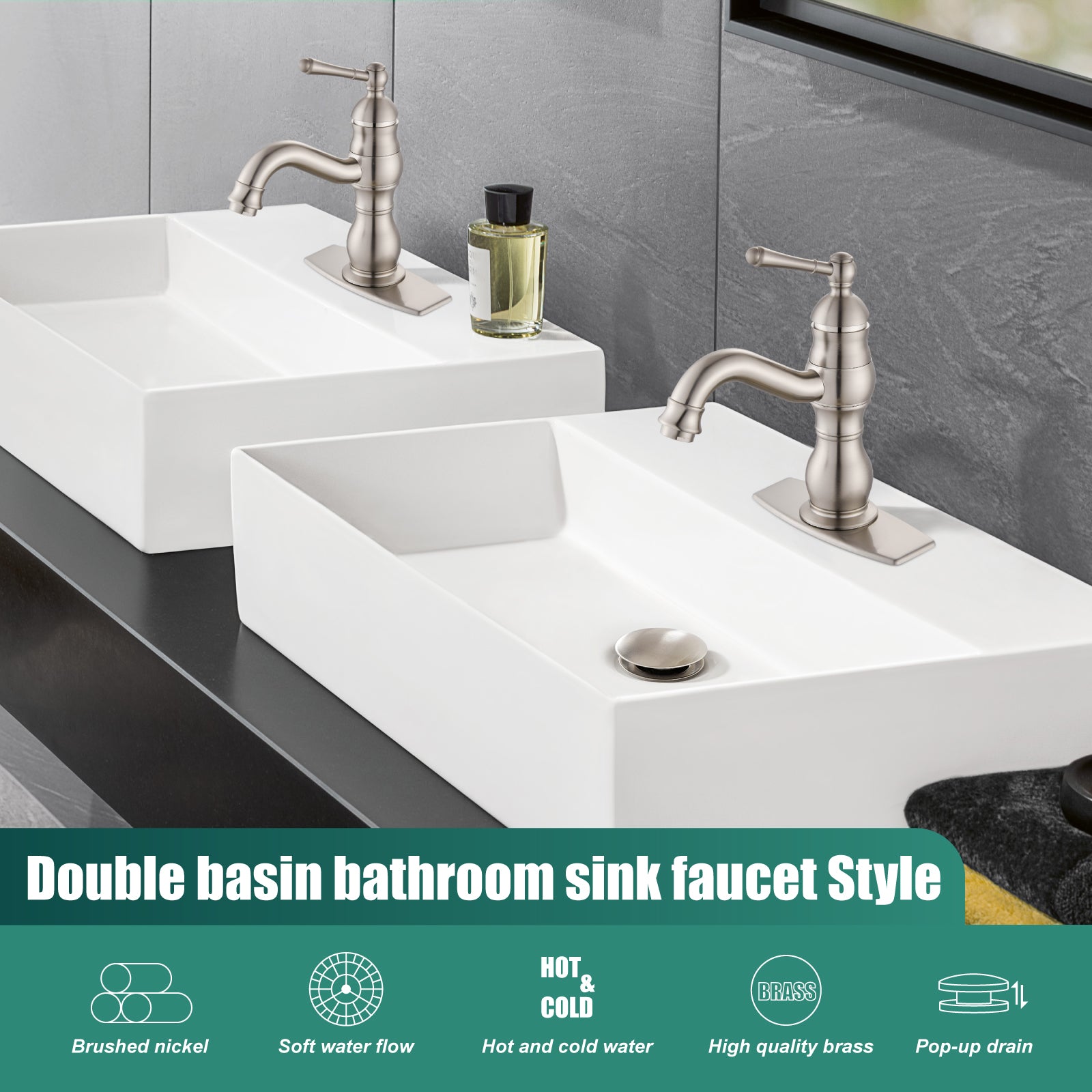 Heyalan Bathroom Sink Faucet 1 Handle Single Hole Lavatory Vanity Basin Commercial Mixer Tap Deck Mount Pop Up Drain Include