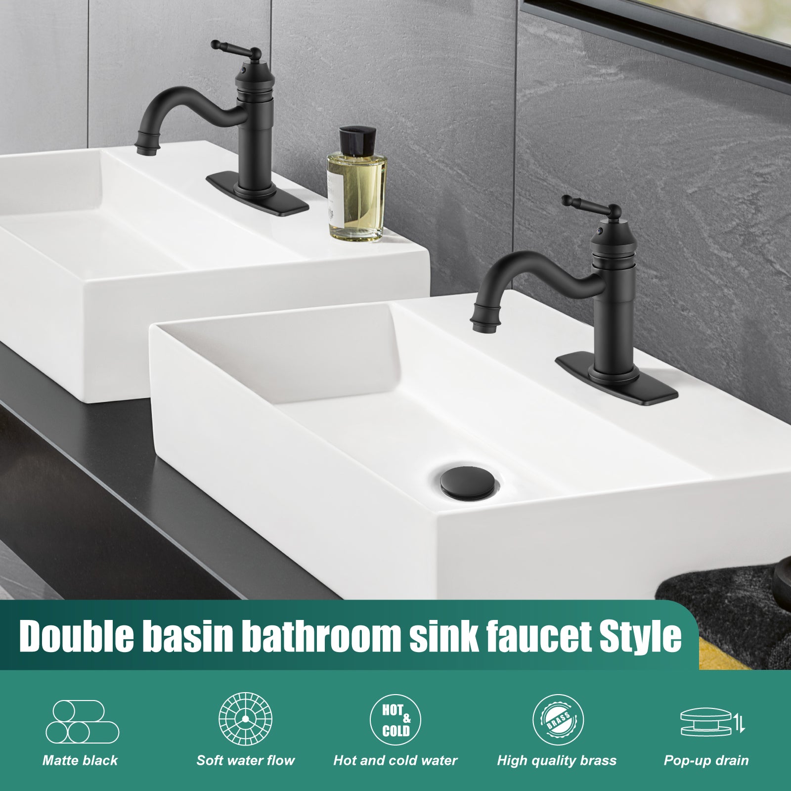 Heyalan Bathroom Sink Faucet Deck Mount Single Hole One Handle Lavatory Assembly Brass Vanity Basin Mixer Tap Pop Up Drain Included Hot and Cold Water