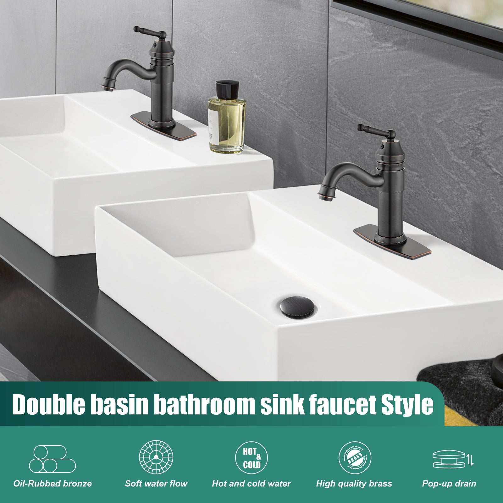 Heyalan Bathroom Sink Faucet Brass One Hole Single Handle Lavatory Fixture Deck Mounted Vanity Vessel Mixer Tap Pop Up Drain Included Hot and Cold Water