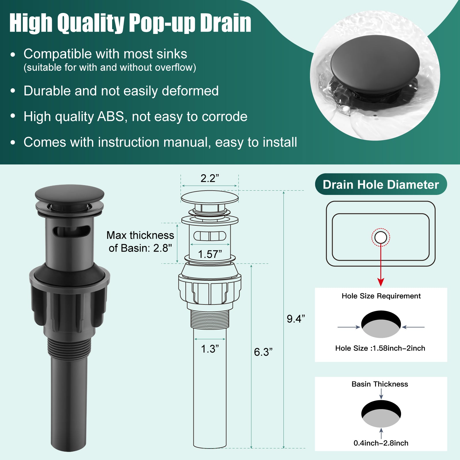 Heyalan Bathroom Sink Faucet Deck Mount Single Hole One Handle Lavatory Assembly Brass Vanity Basin Mixer Tap Pop Up Drain Included Hot and Cold Water
