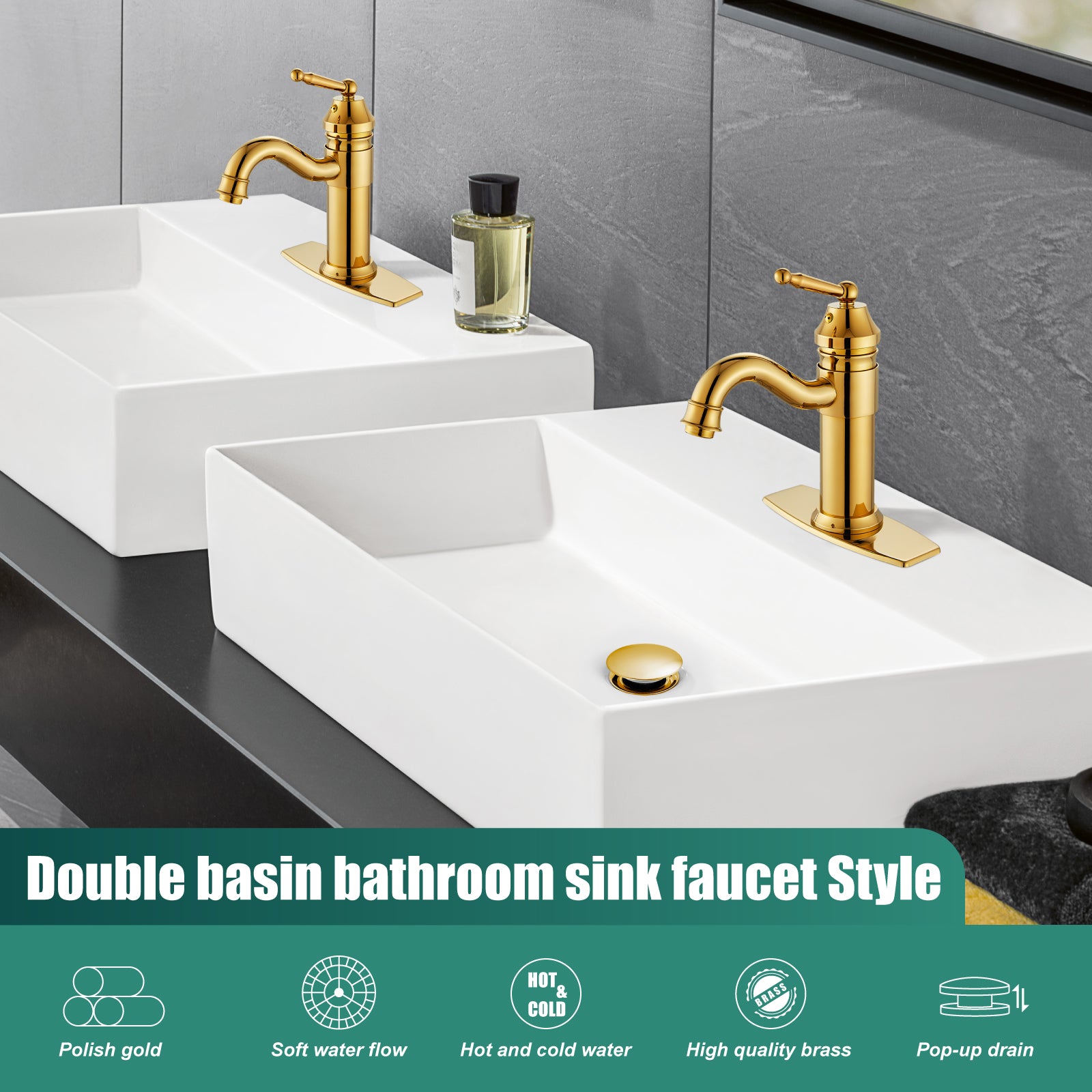 Heyalan Bathroom Sink Faucet Brass One Hole Single Handle Lavatory Fixture Deck Mounted Vanity Vessel Mixer Tap Pop Up Drain Included Hot and Cold Water