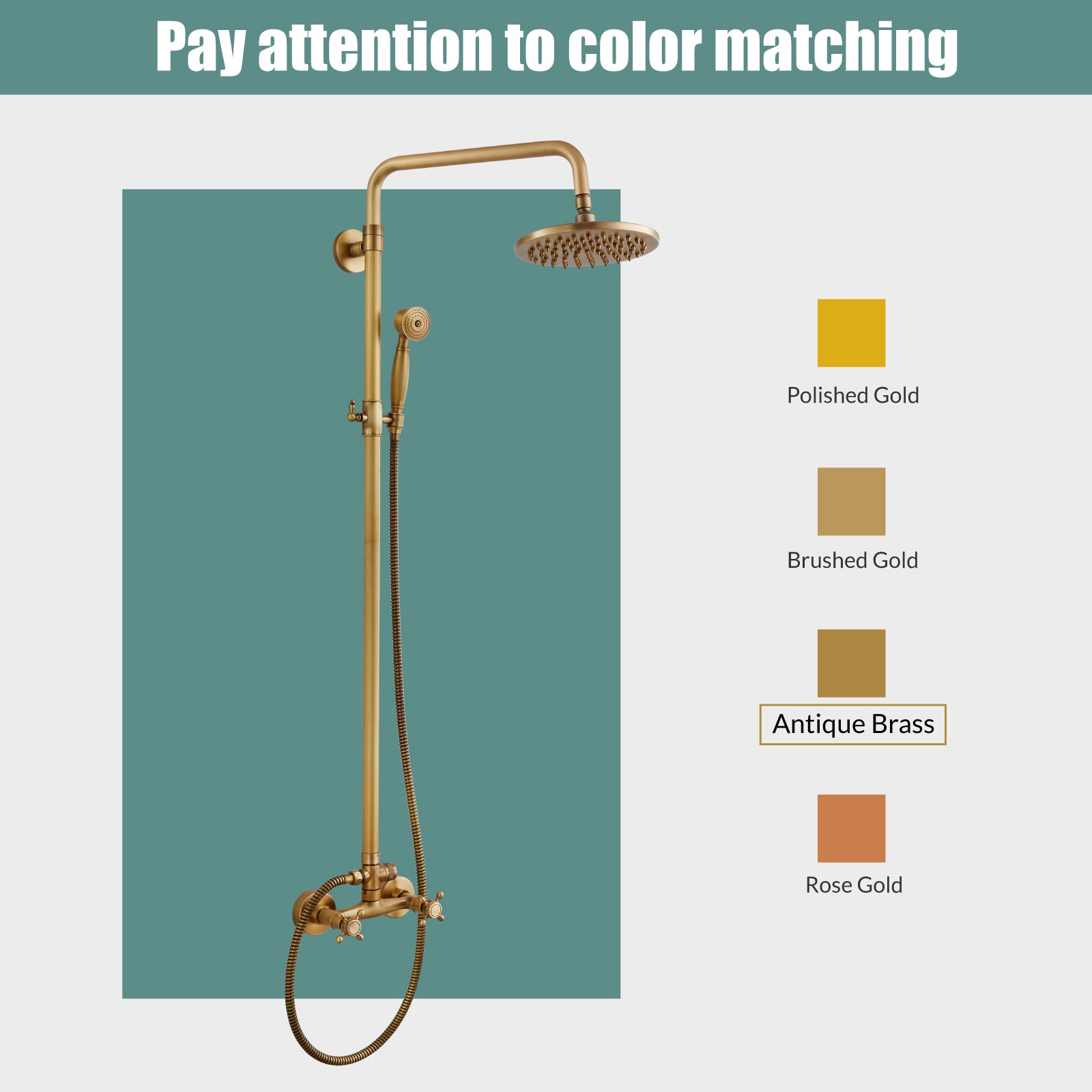 Heyalan Dual Functions Exposed Pipe Shower System Round Rainfall 8 Inch Shower Head Brass Fixture Combo Set 2 Handles with Handheld Sprayer Bathroom Shower Faucet Adjustable Shower Bar