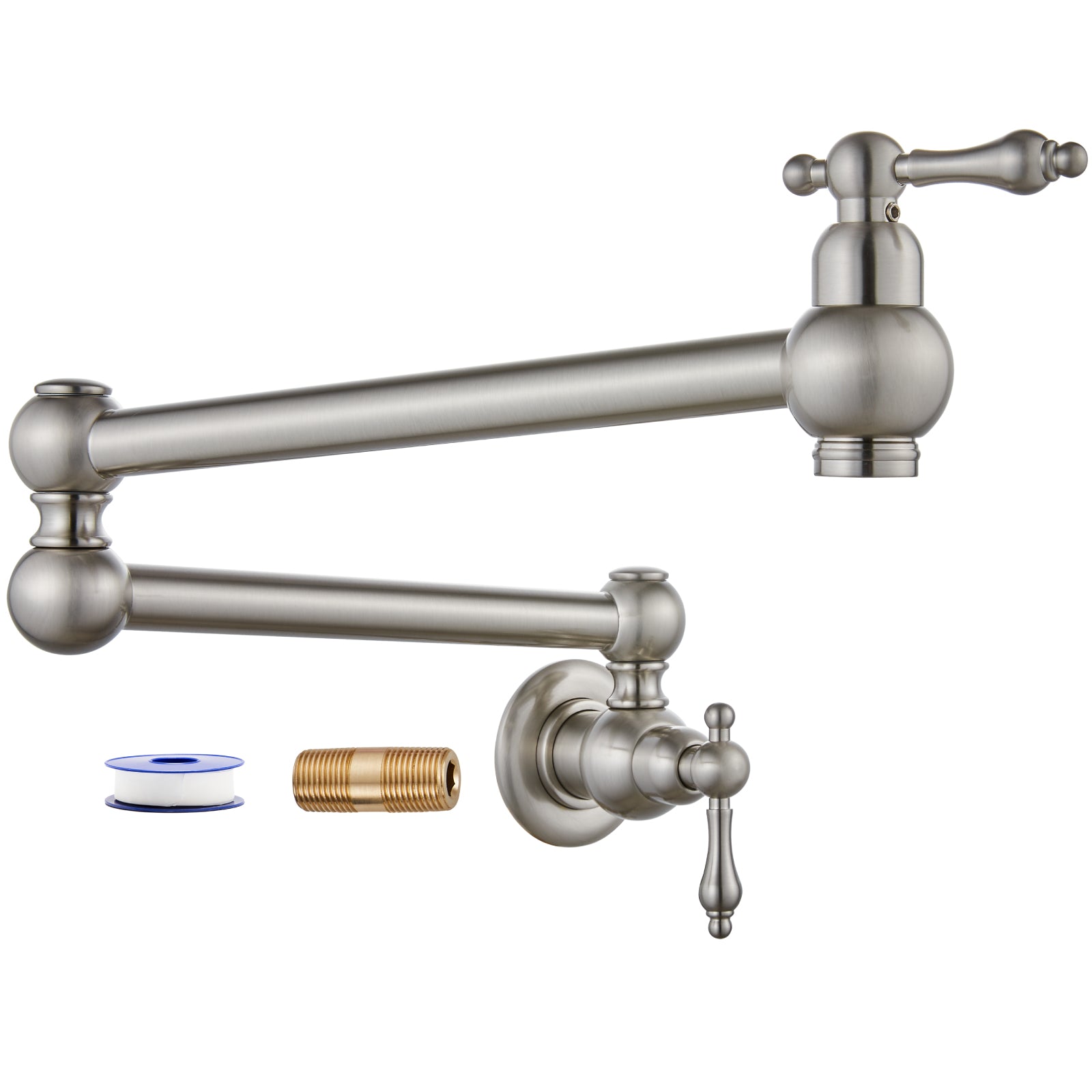 Kitchen Pot Filler Faucet Wall Mount Two Handles Single Hole Heyalan Strechable Arm Stainless Steel Double Connectors Folding Modern 360 Degrees Rotation
